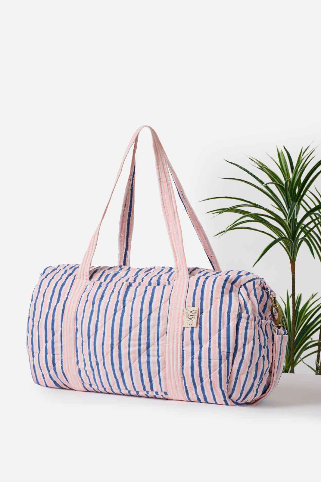 Blush Pink & Sky Blue Stripes Quilted Cotton Travel Duffle Bag with Blue Elephant Print | Hadiya