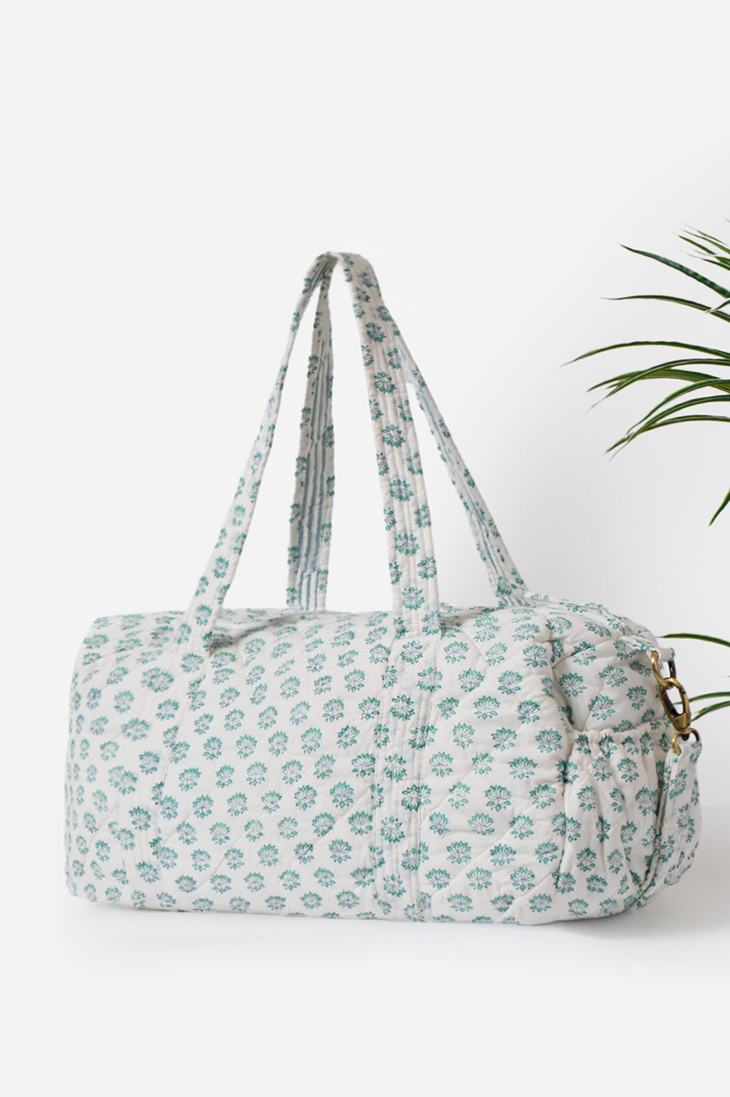 White & Sage Block Print Quilted Cotton Mother & Baby Travel Duffle Bag | Noori