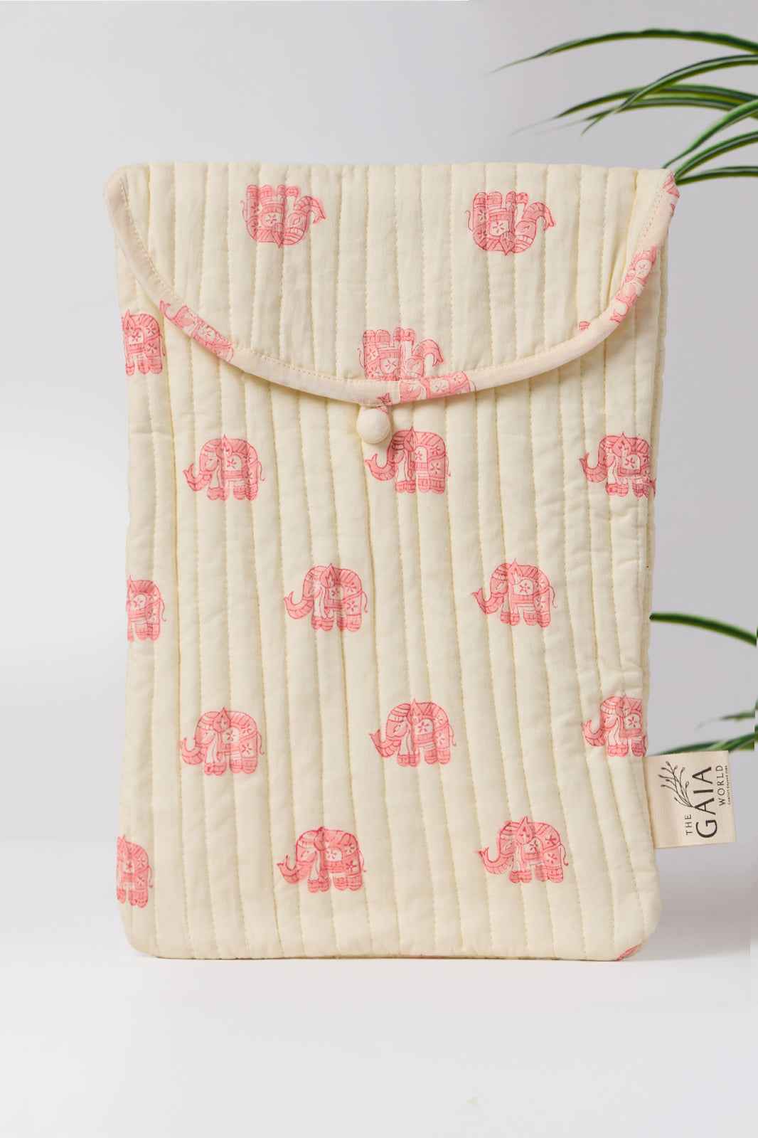 Cream Quilted Cotton iPad Sleeve with Hand Block Pink Elephant Motif & Everyday Protection | Nayla