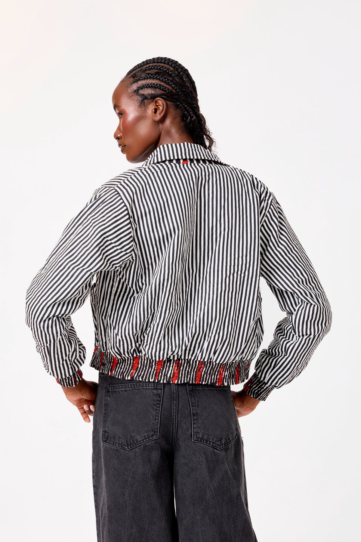Black & White Striped Reversible Cotton Bomber Jacket with Lobster Motif & Contemporary Statement Design | Sarmad