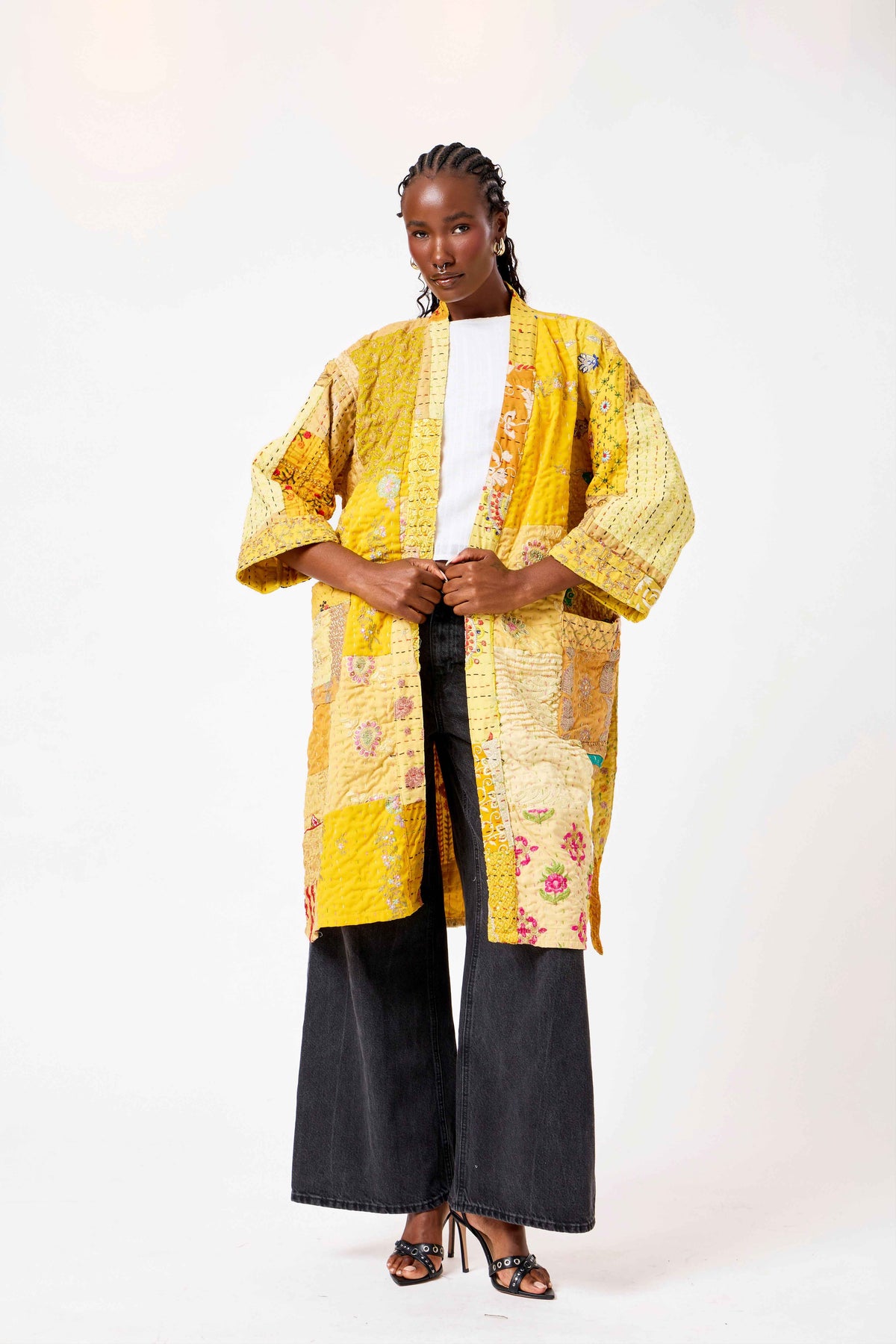 Yellow Katha Cotton Silk Patchwork Short Kimono with Kantha Stitching & Vibrant Heritage Design | Shamsa