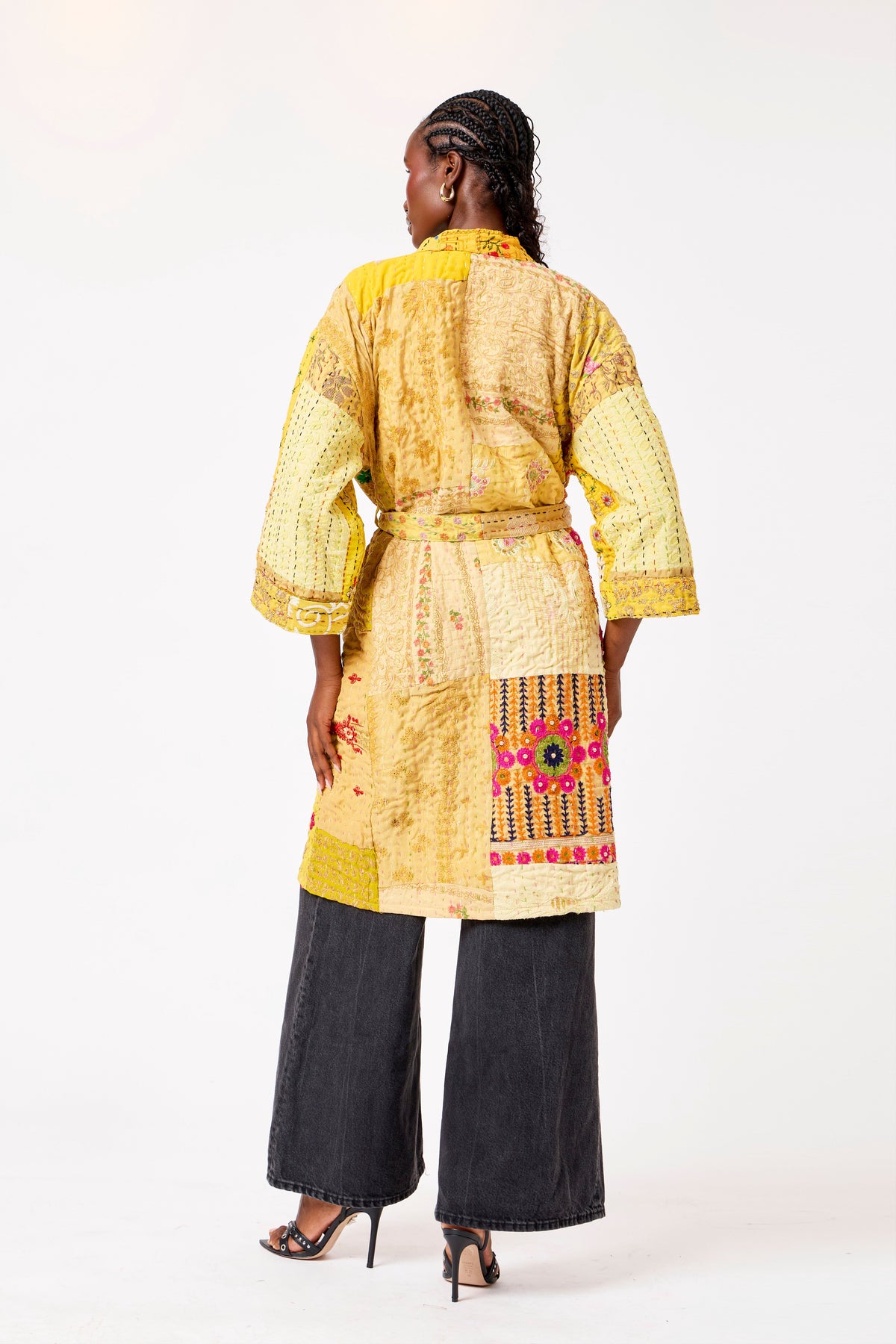 Yellow Katha Cotton Silk Patchwork Short Kimono with Kantha Stitching & Vibrant Heritage Design | Shamsa