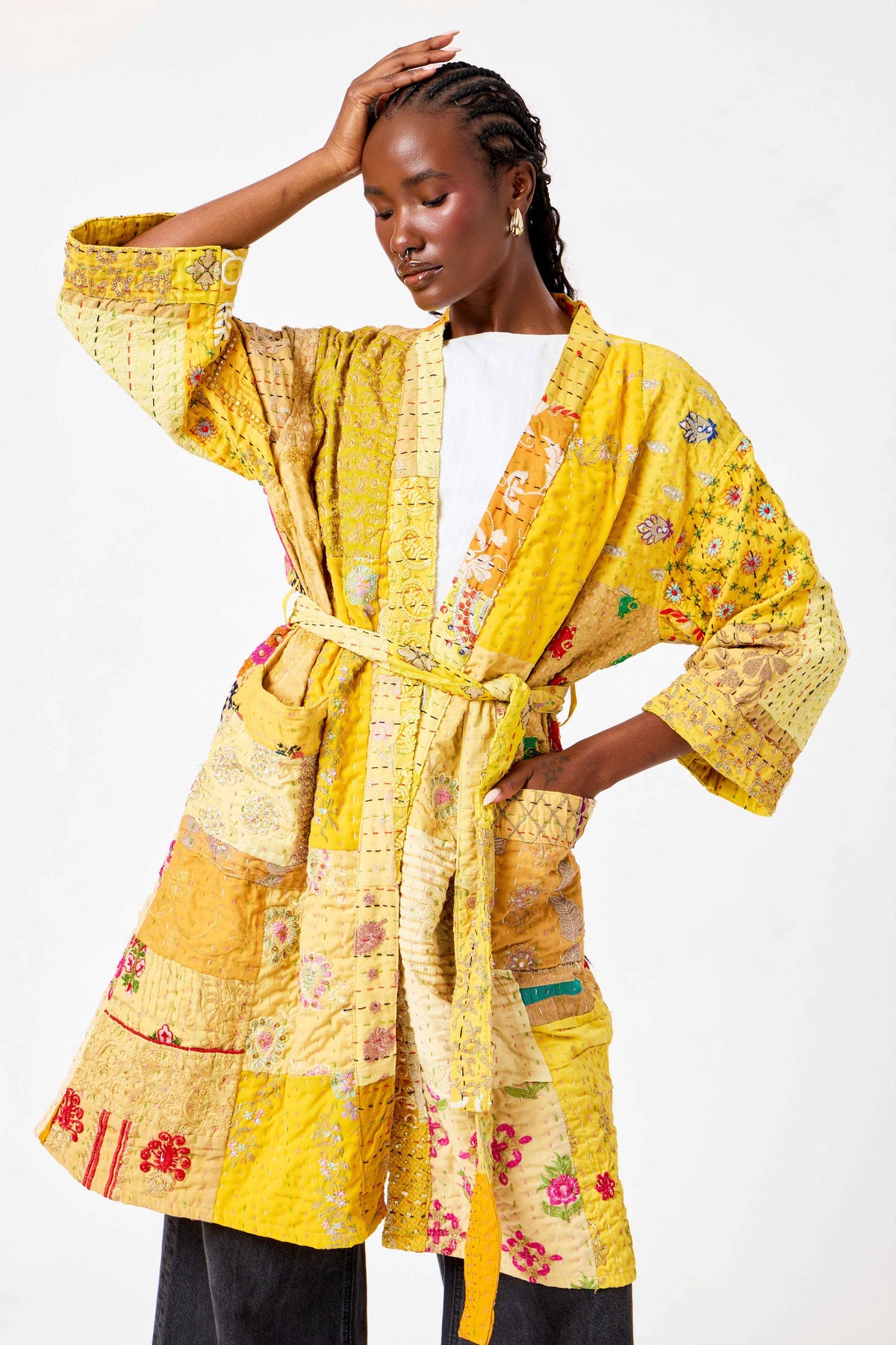 Yellow Katha Cotton Silk Patchwork Short Kimono with Kantha Stitching & Vibrant Heritage Design | Shamsa