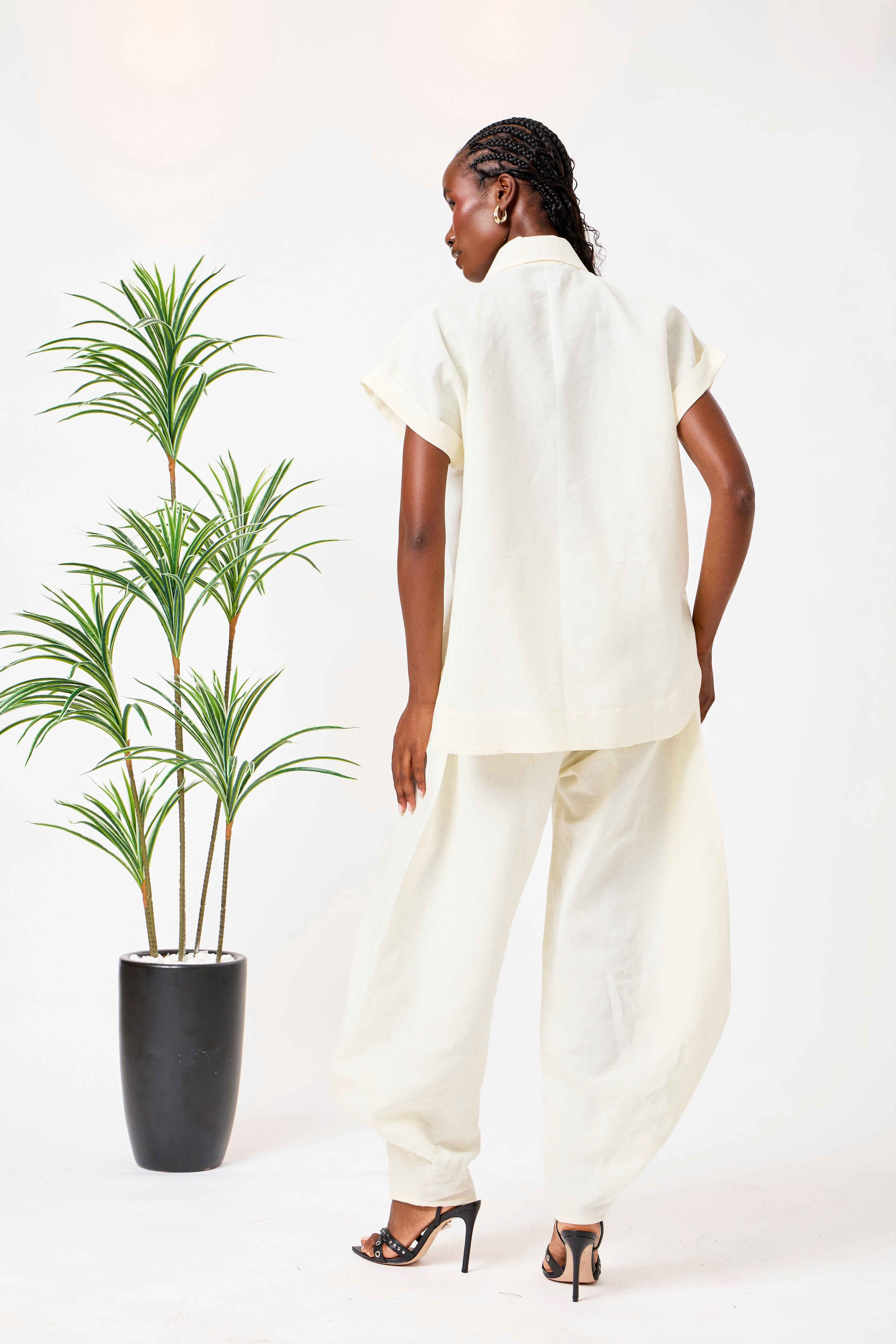 Cotton Linen Blend Relaxed Co-Ord Set with Draped Panel Trousers | Thuraya