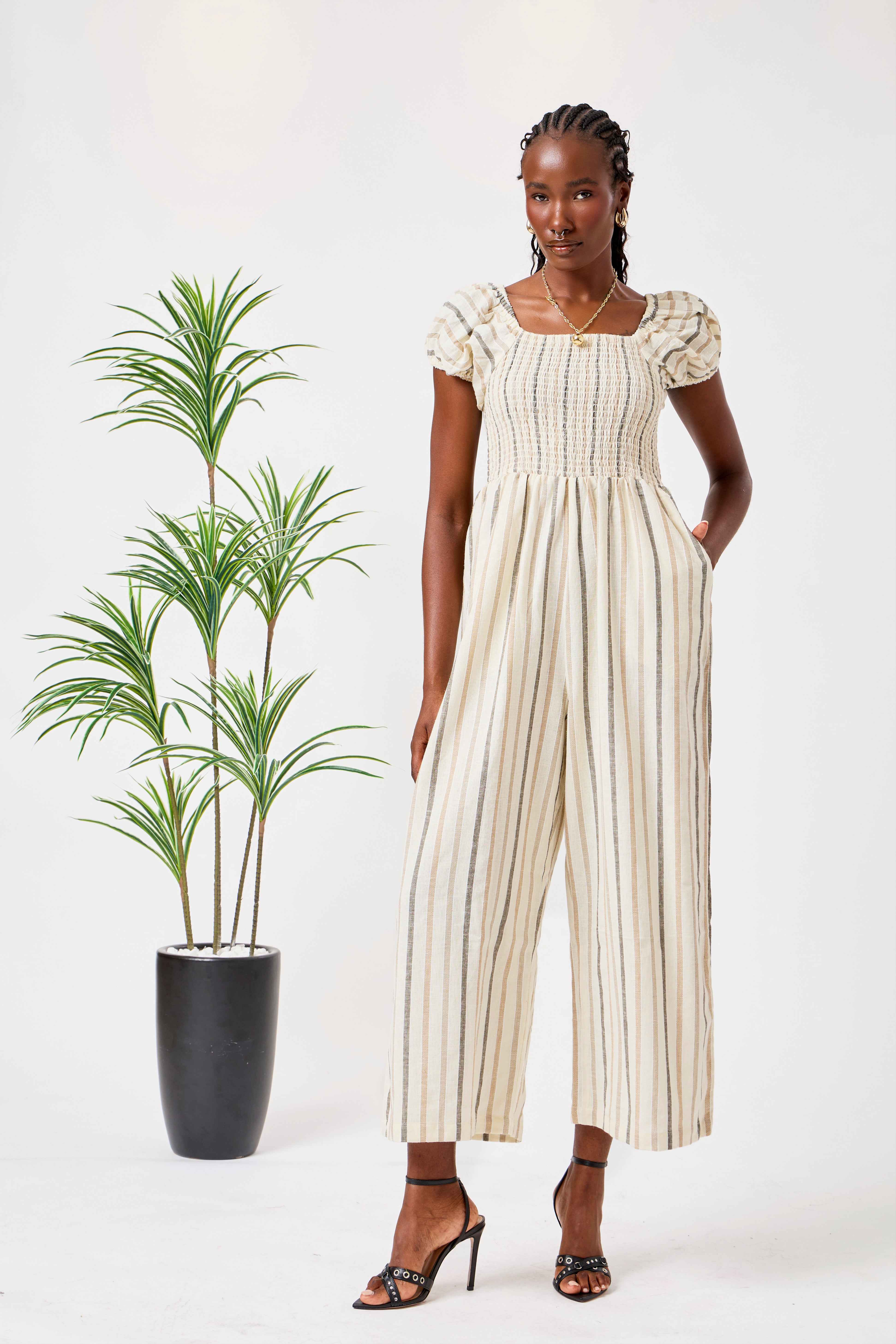 Beige Cotton Linen Blend Striped Smocked Jumpsuit for Women with Puff Sleeves & Wide-Leg Fit | Zahr
