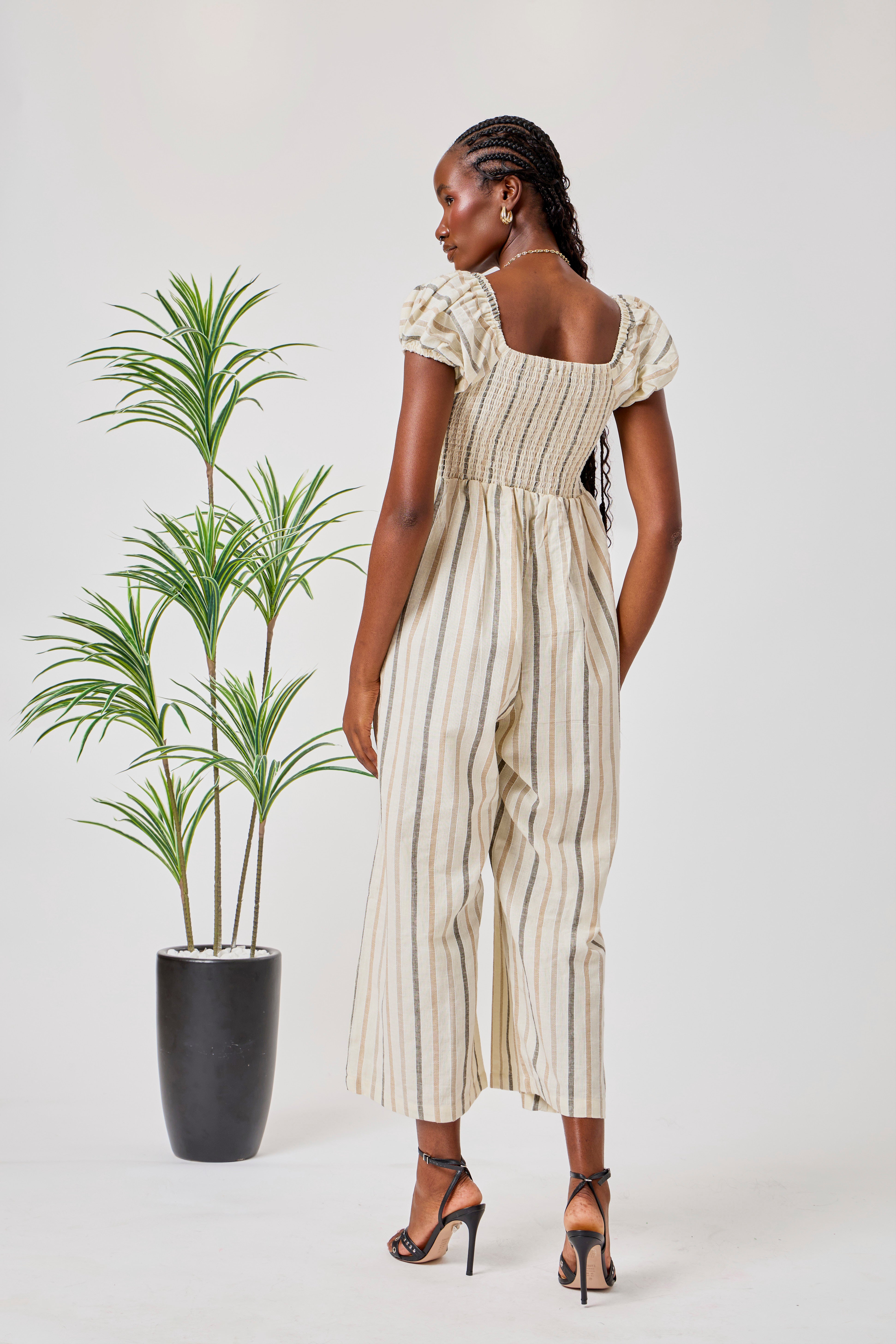Beige Cotton Linen Blend Striped Smocked Jumpsuit for Women with Puff Sleeves & Wide-Leg Fit | Zahr
