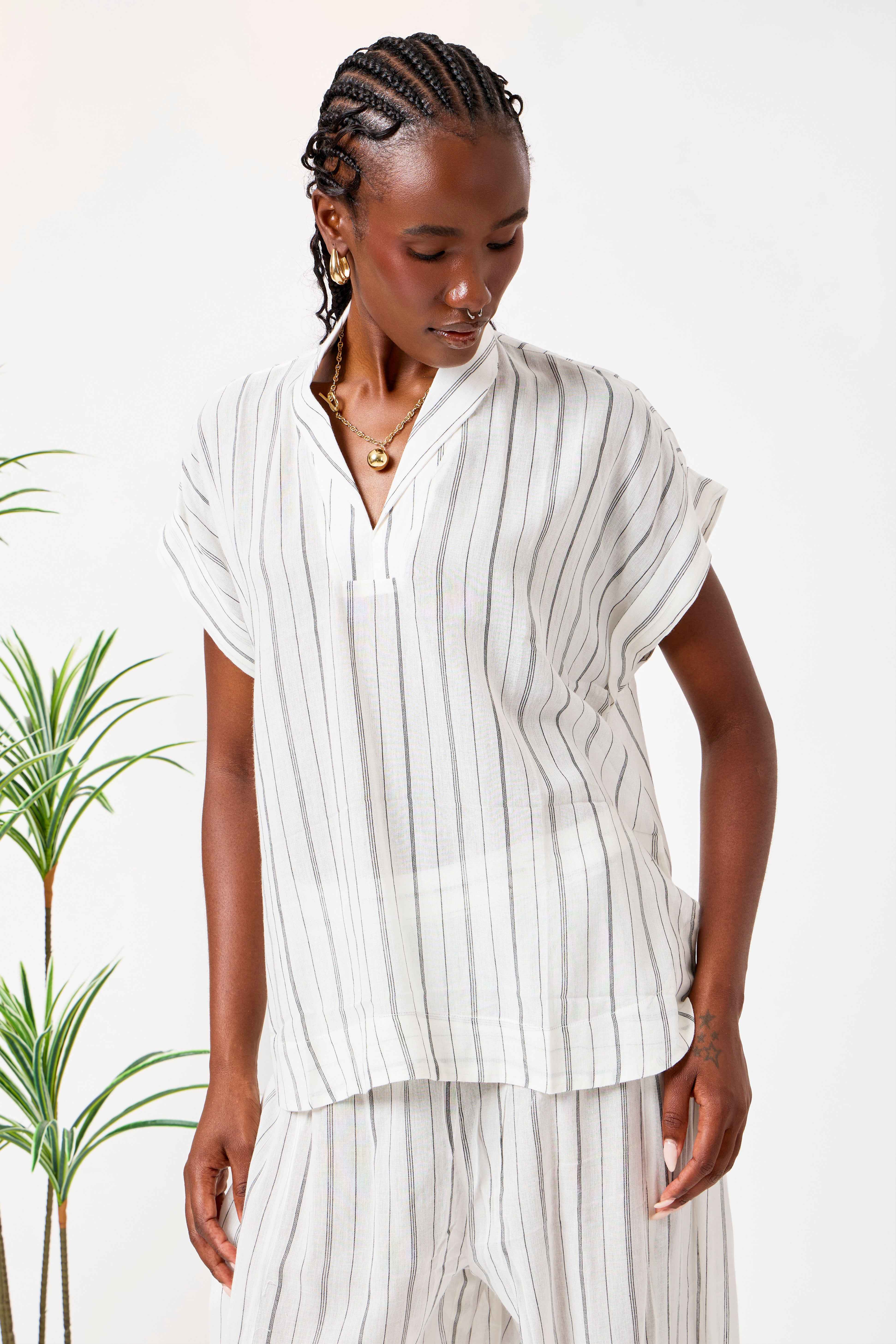 Cotton Cover-Up Co-Ord Set with Relaxed Striped Top & Tapered Trousers | Basmah
