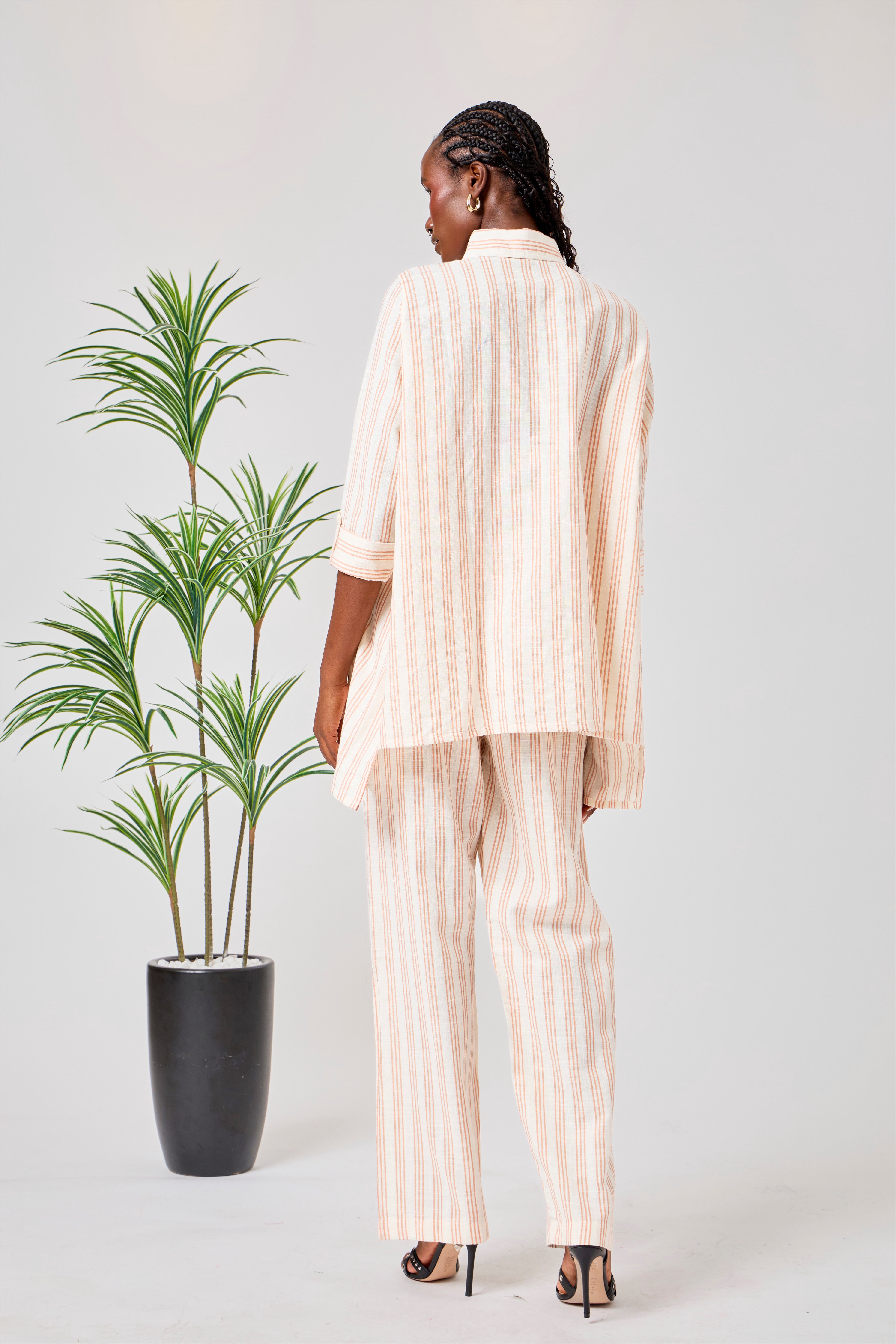 Beige Cotton Striped Shirt & Straight Leg Co-Ord Set | Naifah