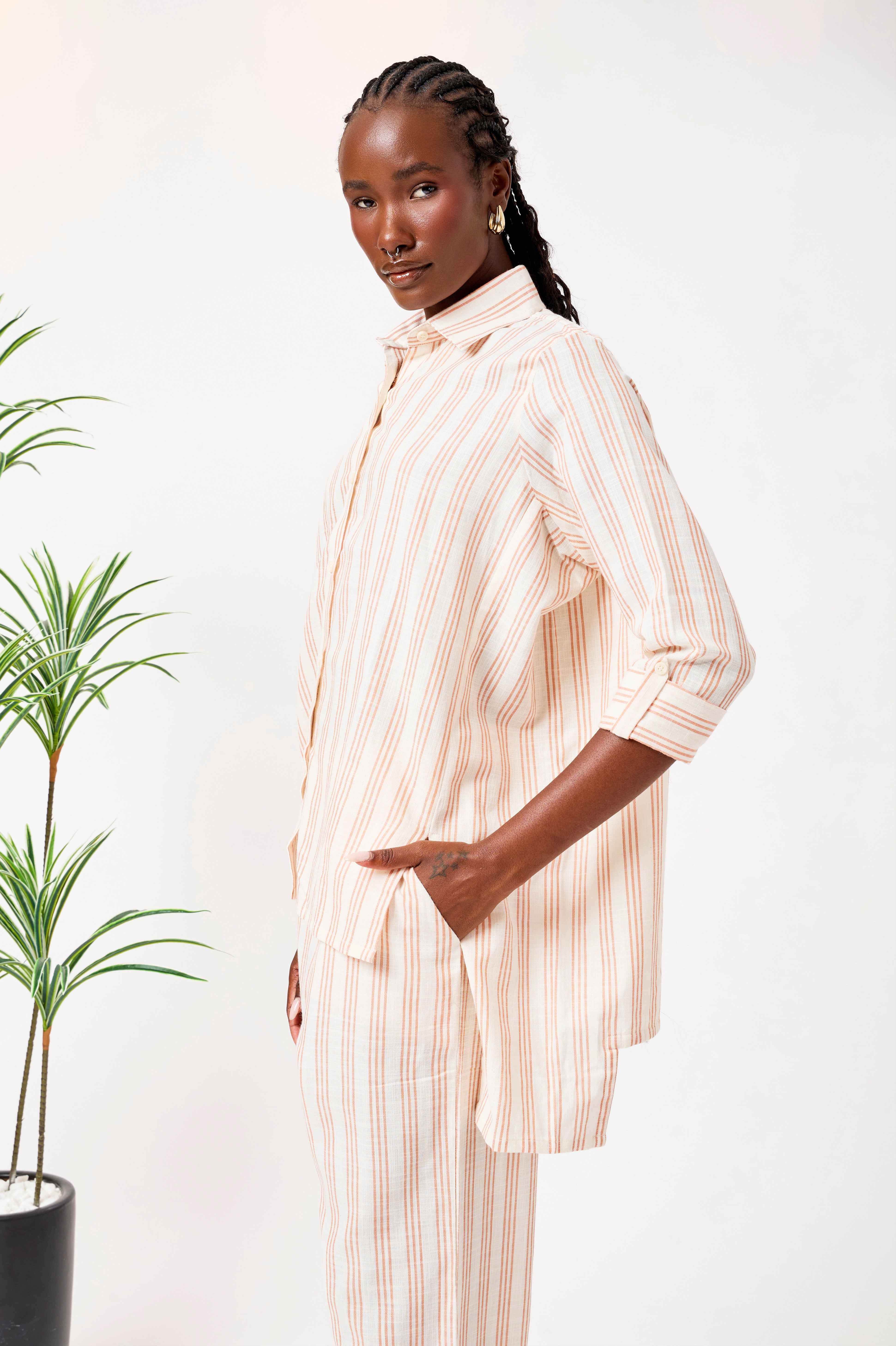 Beige Cotton Striped Shirt & Straight Leg Co-Ord Set | Naifah