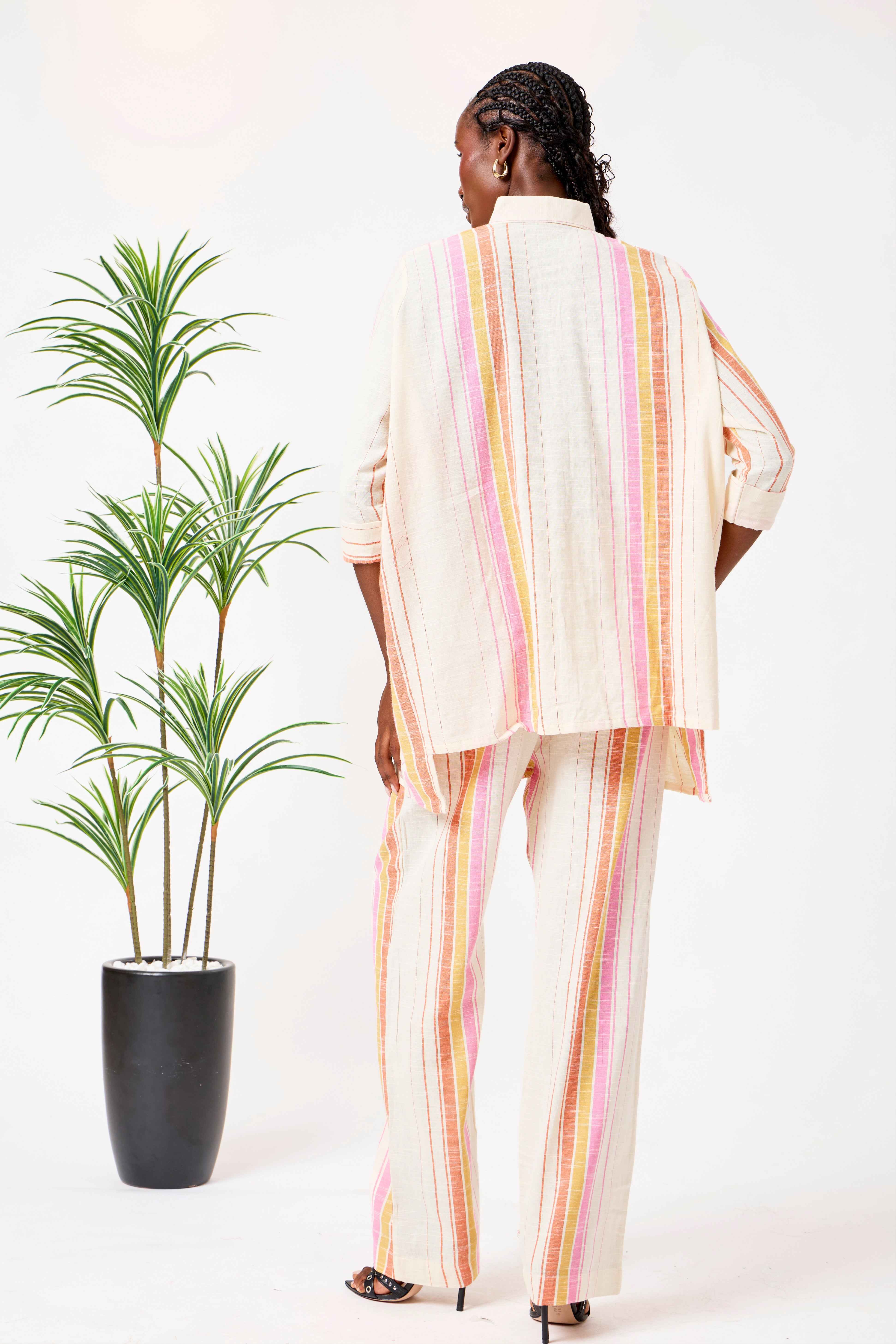 Cream Cotton Striped Shirt & Straight Leg Co-Ord Set | Haneen