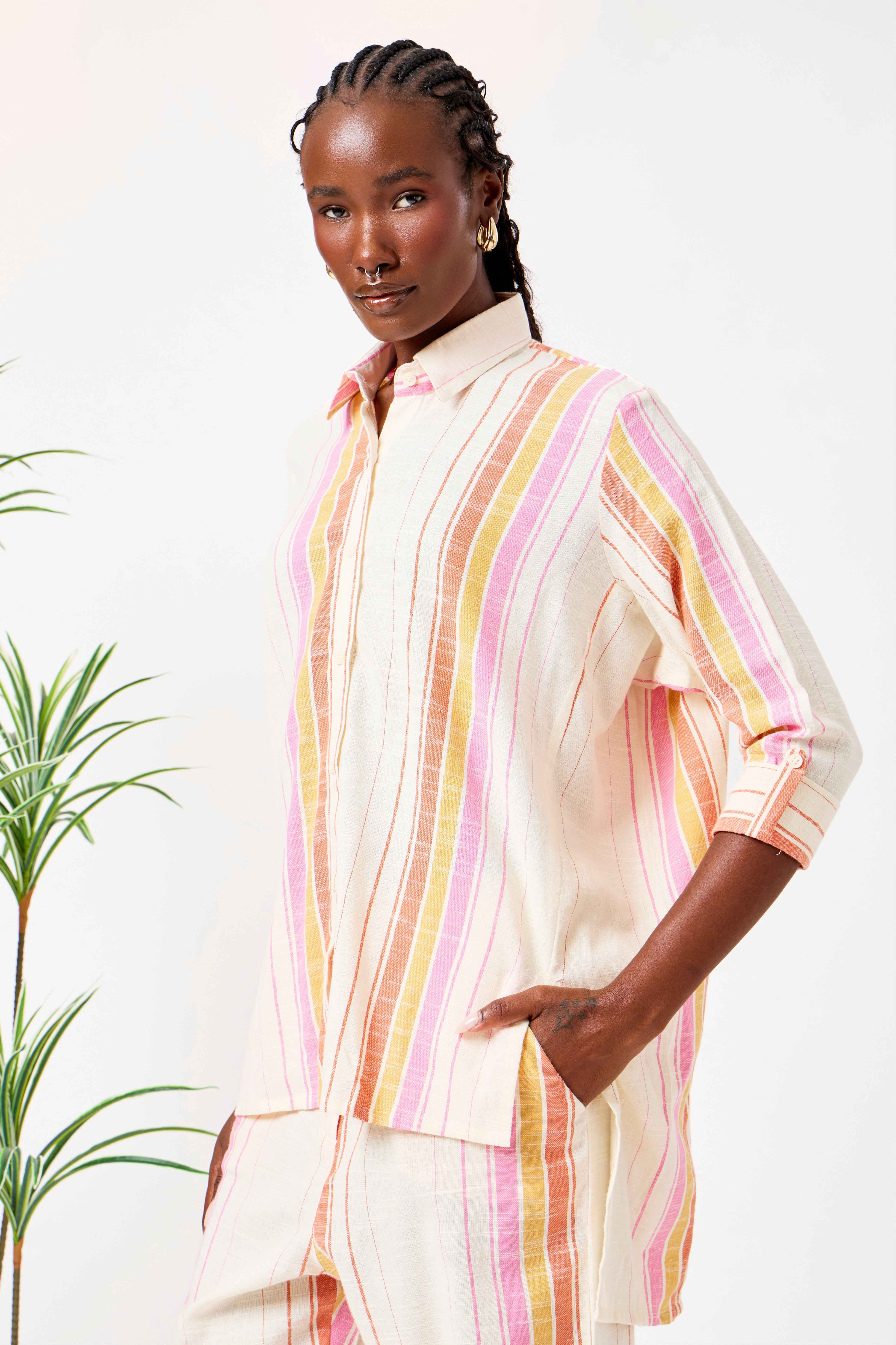 Cream Cotton Striped Shirt & Straight Leg Co-Ord Set | Haneen
