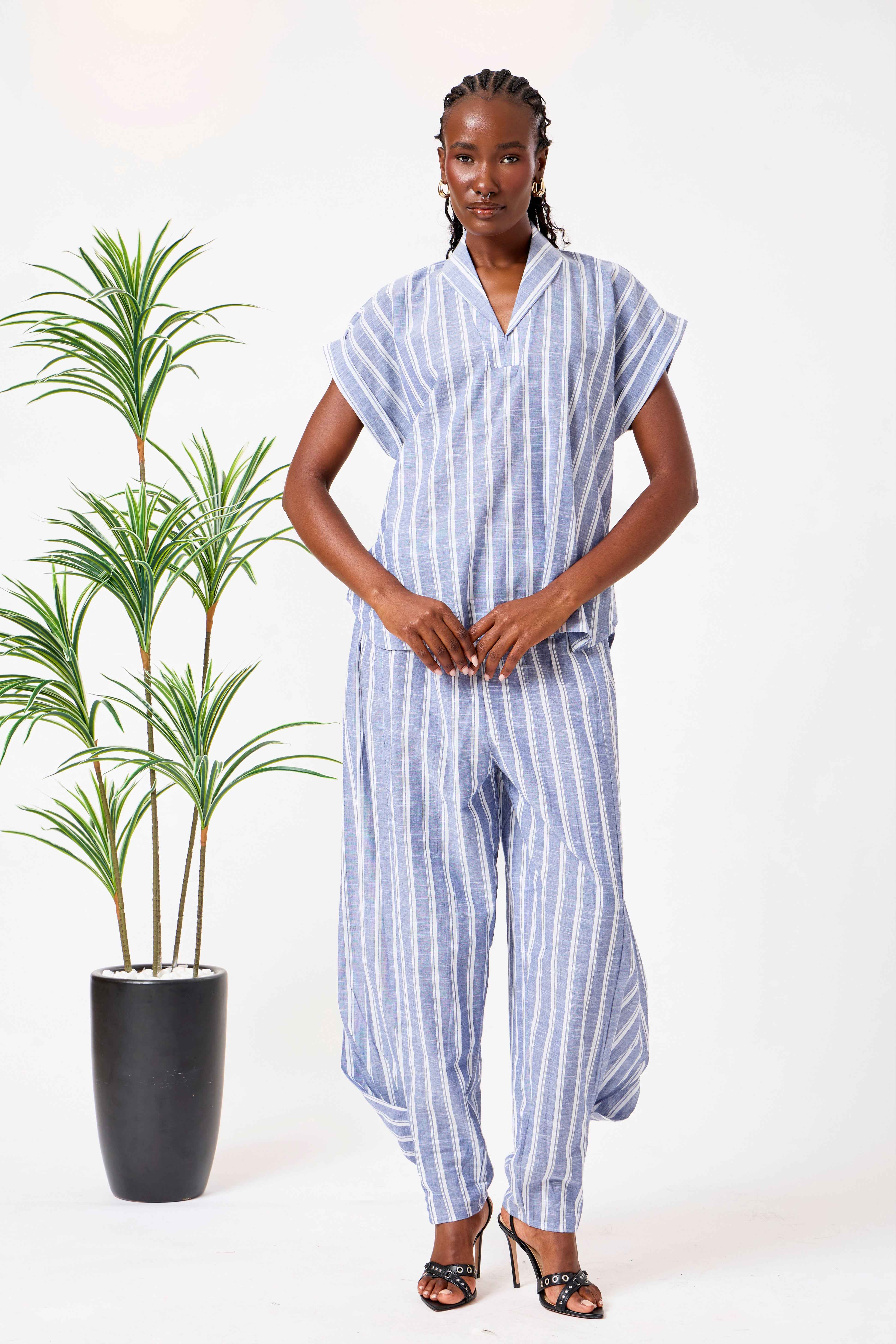 Blue Striped Cotton Relaxed Co-Ord Set with Draped Harem Pants & V-Neck Top | Basimah