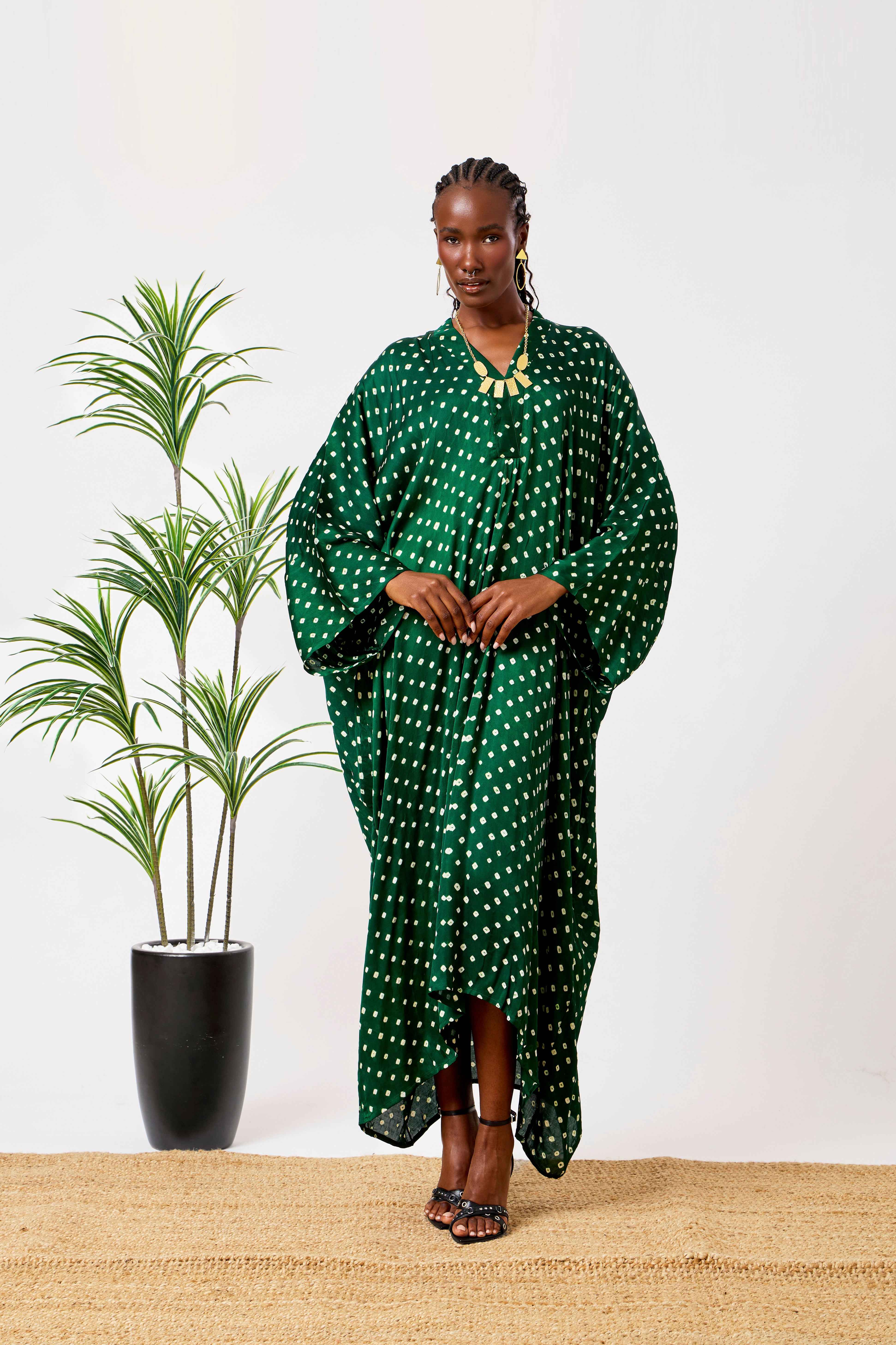 Green Modal Silk Bandhani Print Kaftan Dress for Women with Batwing Sleeves & Tassel Neckline | Zareen
