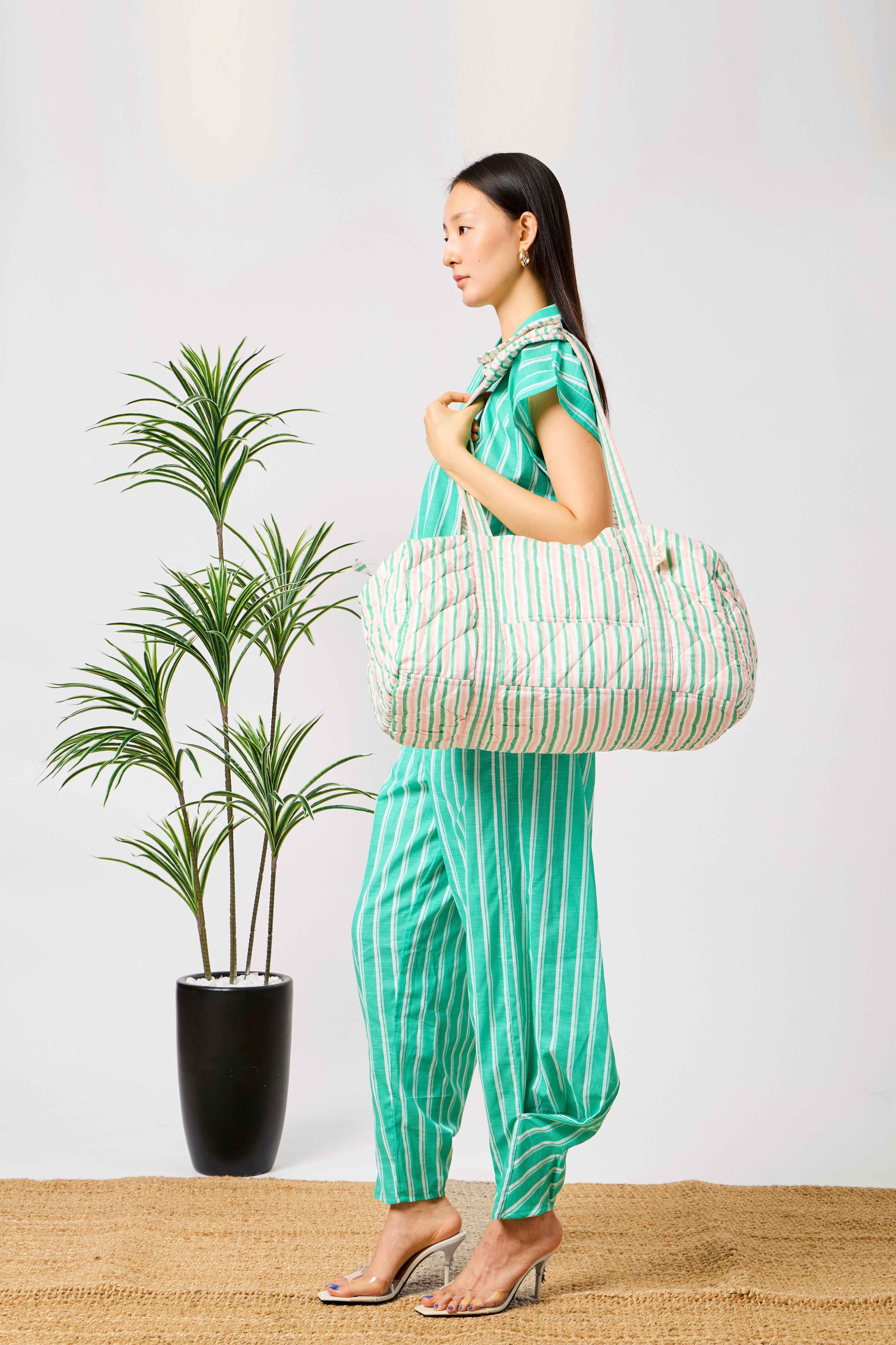 Pink & Mint Striped Quilted Cotton Mother Child Travel Duffle Bag | Rahma
