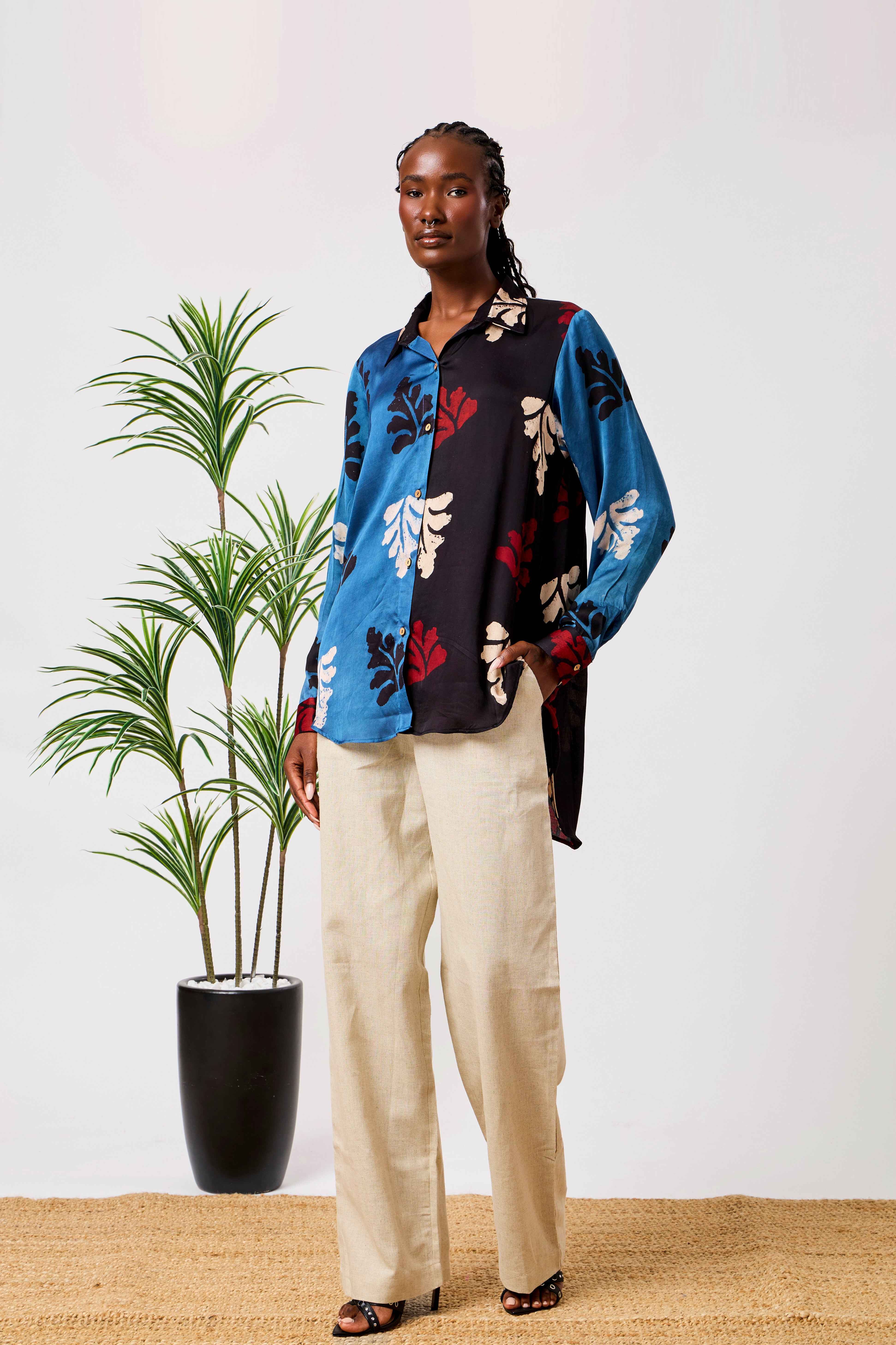 Modal Silk Blue & Black Printed Long Shirt for Women | Aziza