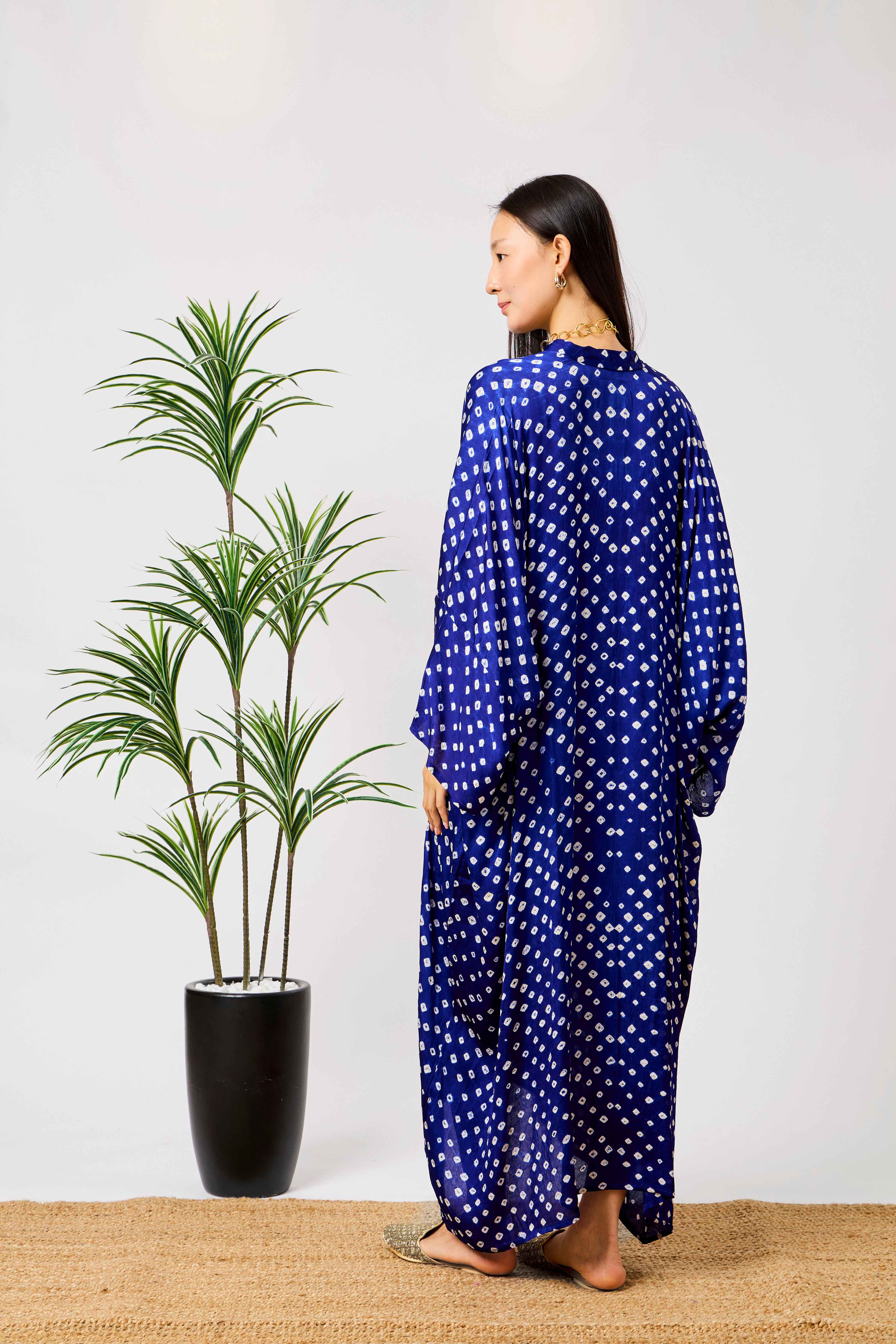 Blue Modal Silk Bandhani Print Kaftan Dress for Women with Batwing Sleeves & Tassel Neckline | Azurelle