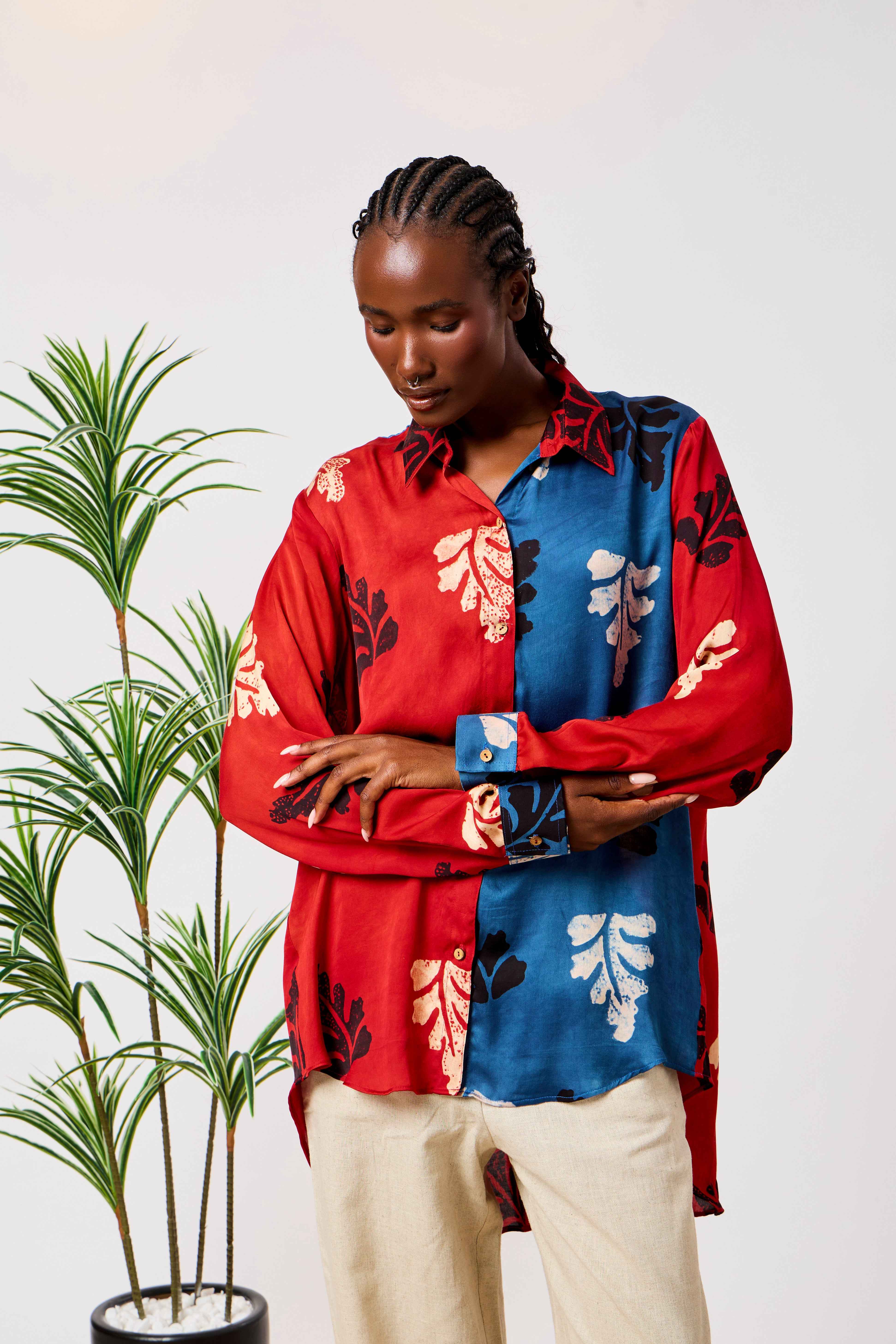 Modal Silk Red & Blue Abstract Leaf Print Long Shirt for Women | Samira