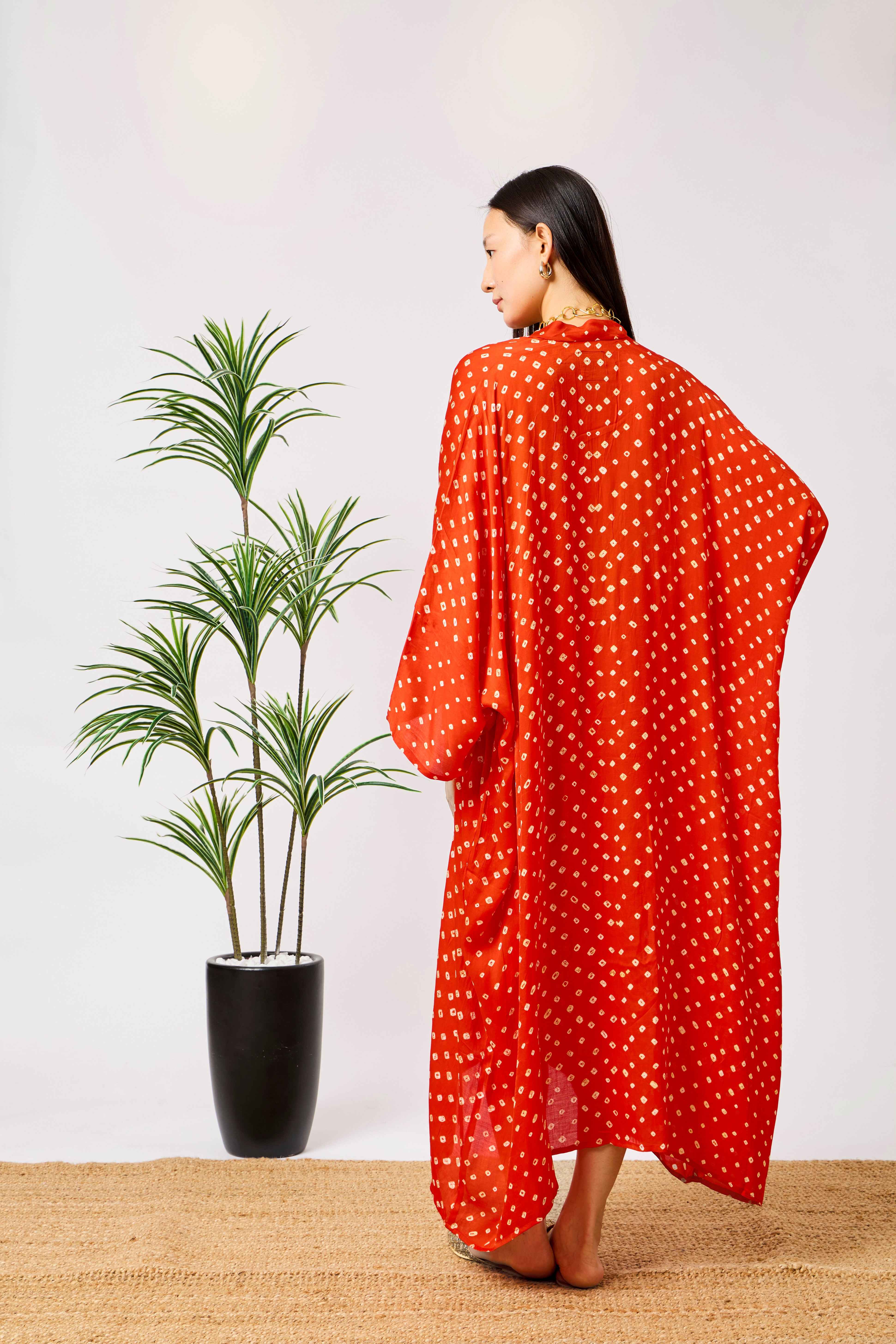Orange Modal Silk Bandhani Print Kaftan Dress for Women with Batwing Sleeves & Tassel Neckline | Seraphine