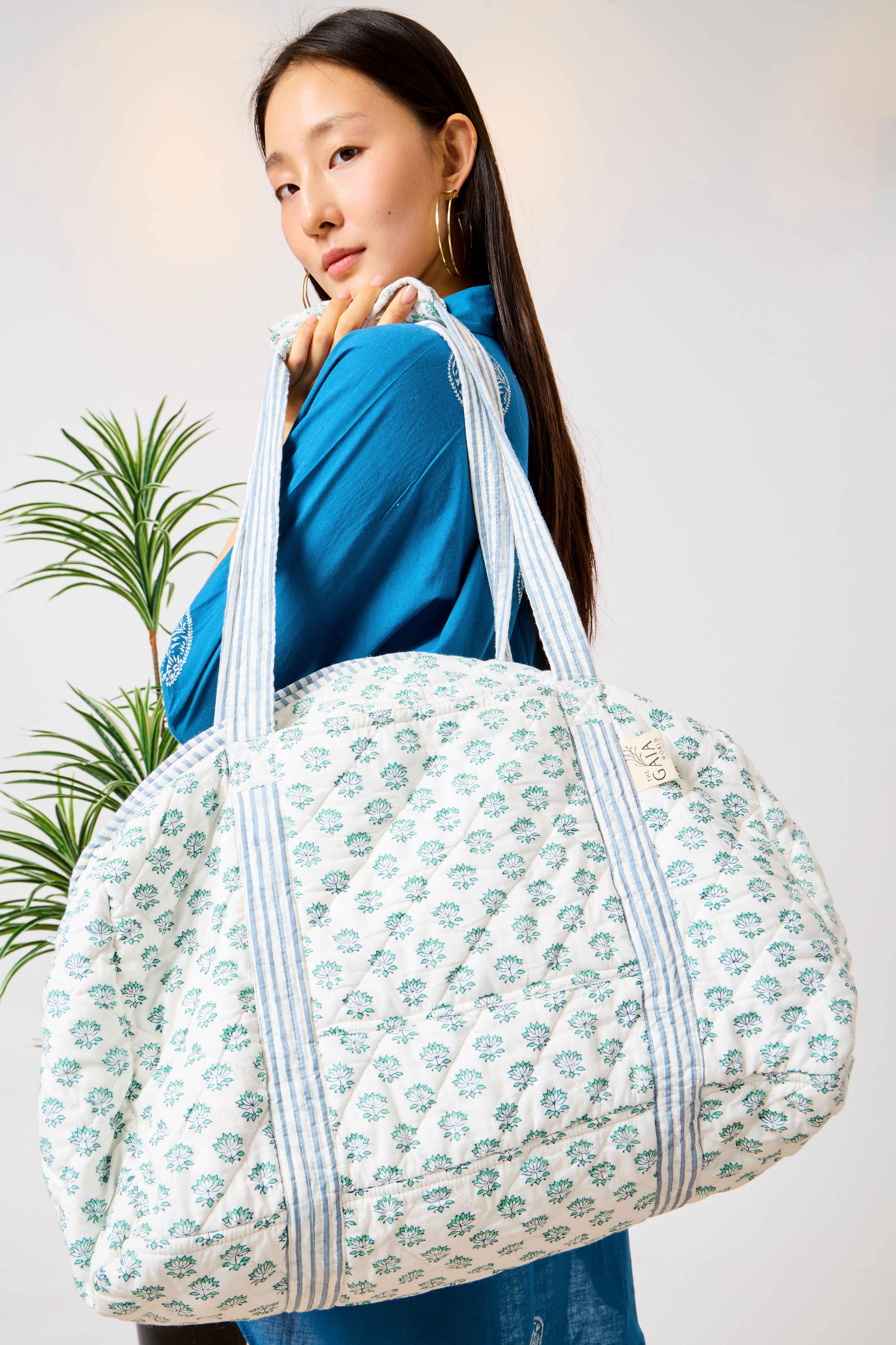 White & Sage Block Print Quilted Cotton Mother & Baby Travel Duffle Bag | Noori