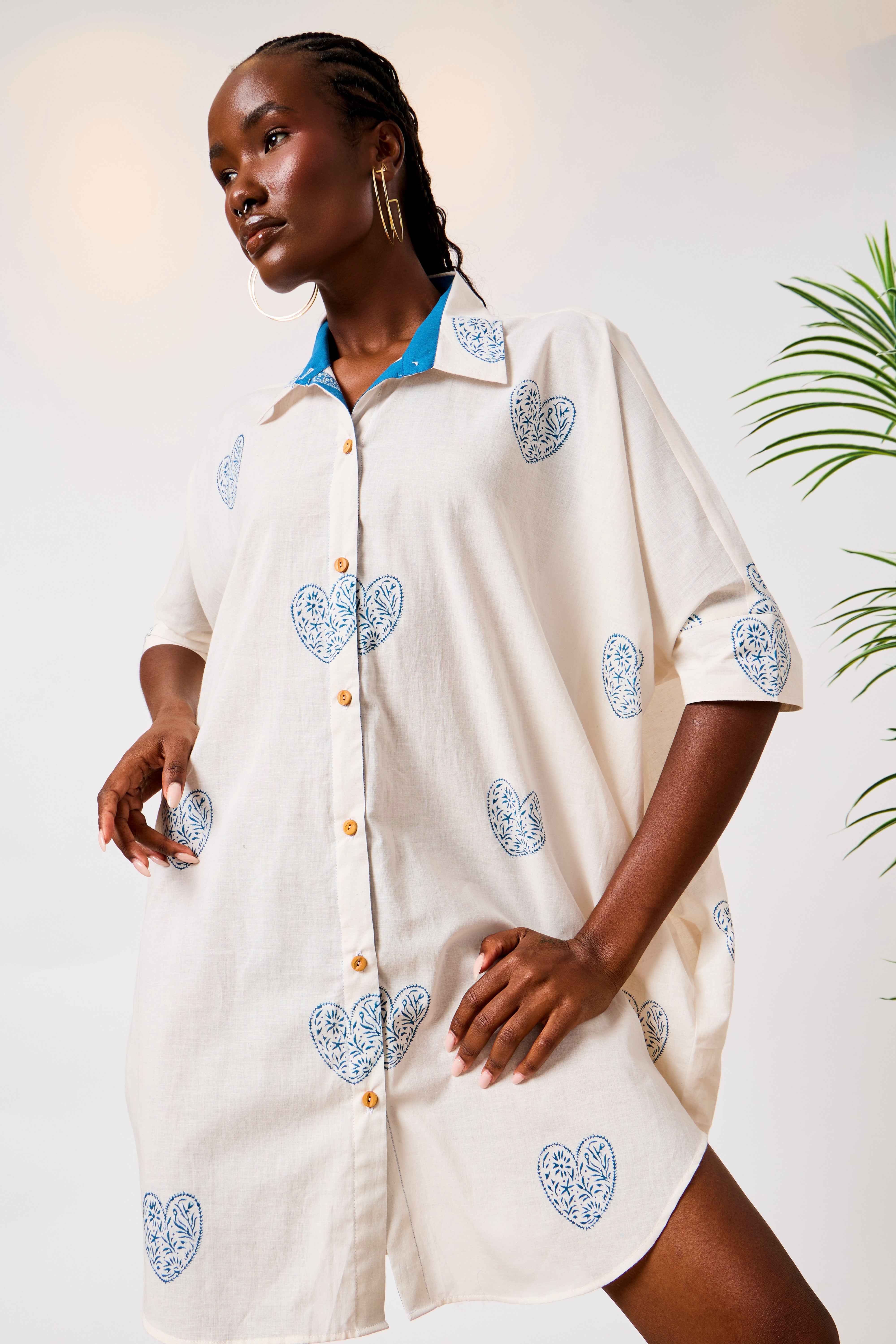White Pure Cotton Oversized Heart Print Shirt Dress | Mahra