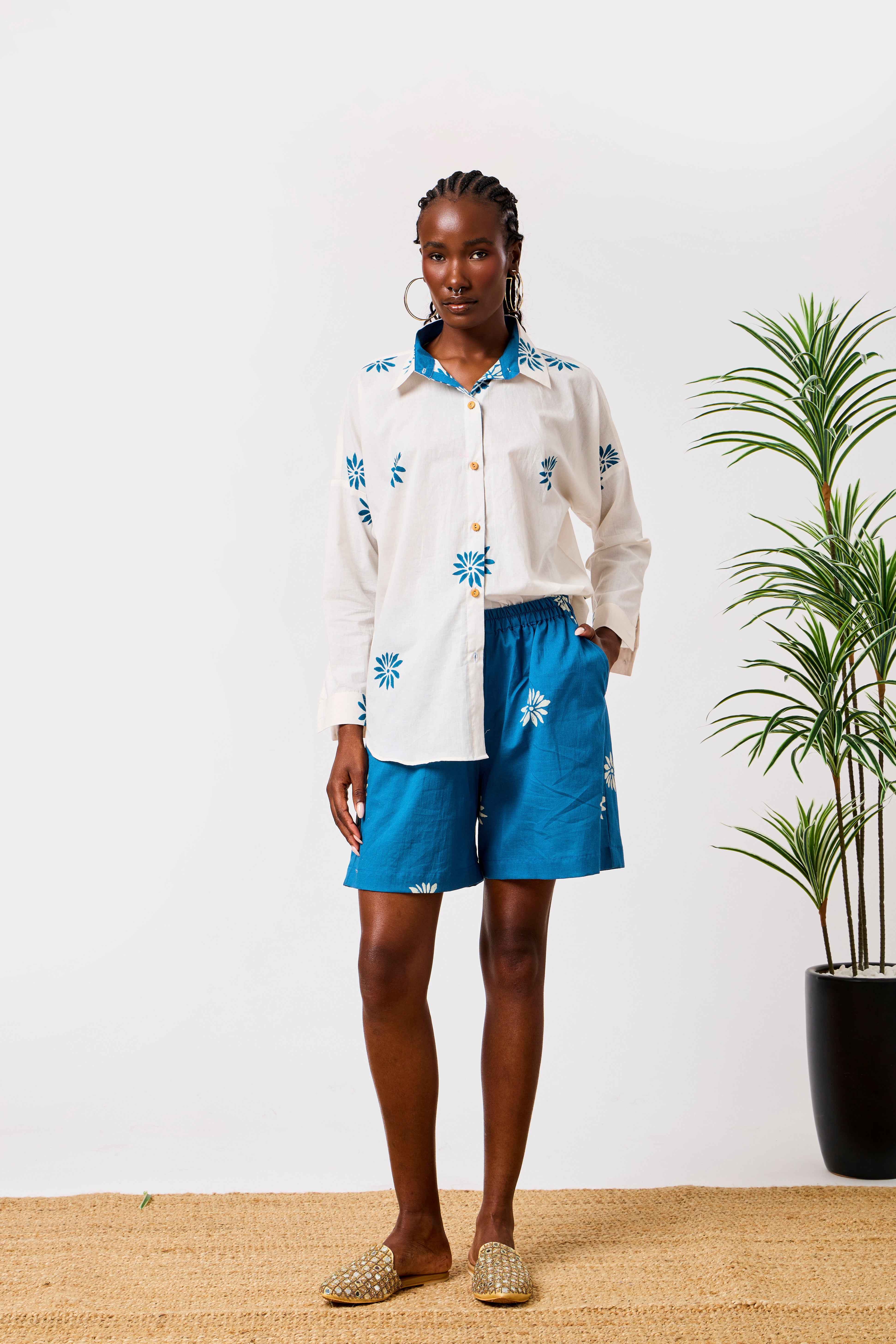 Pure Cotton White & Blue Floral Print Co-ord Set for Women | Basma