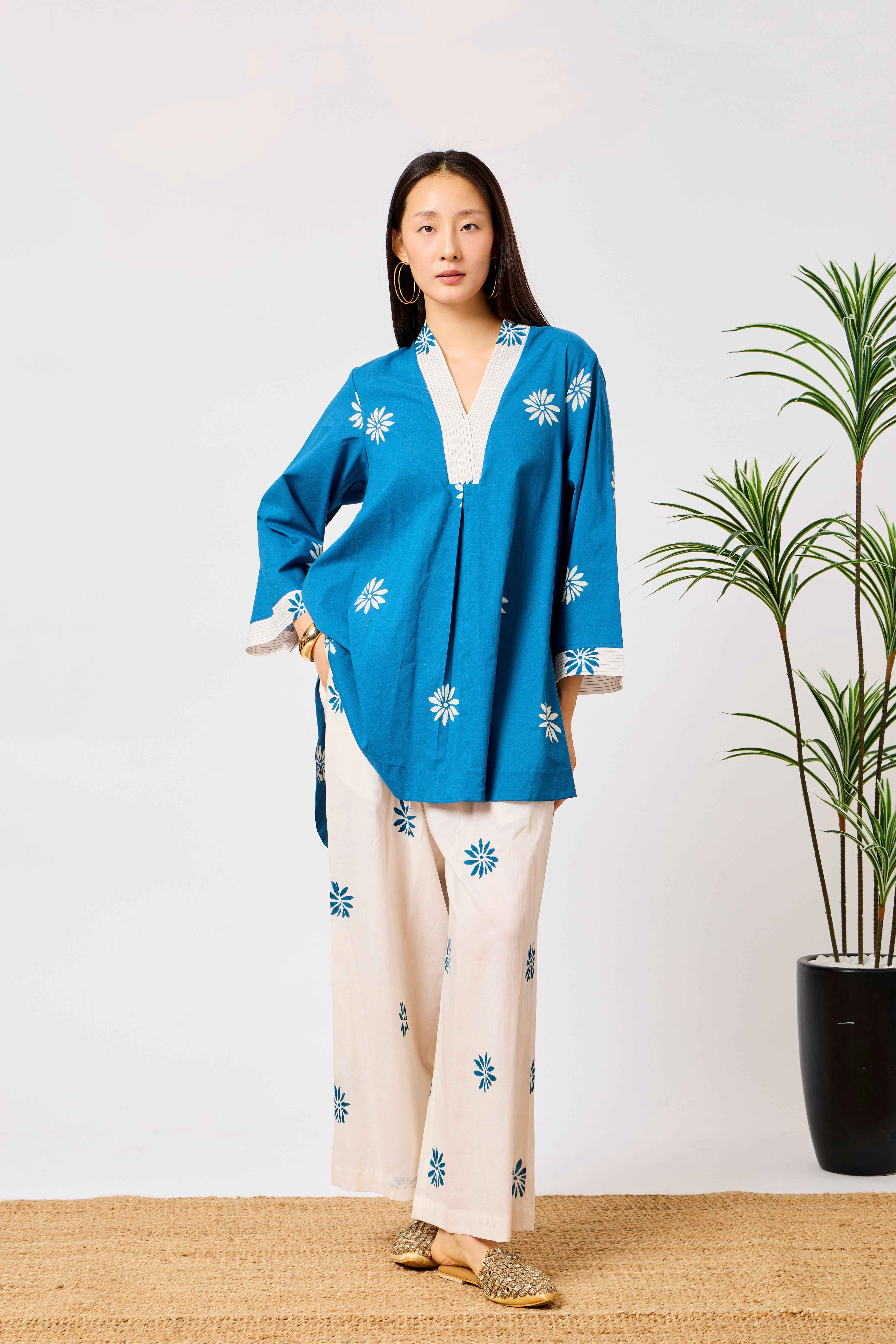 Pure Cotton Blue & White Floral Print Co-ord Set for Women | Yasmina