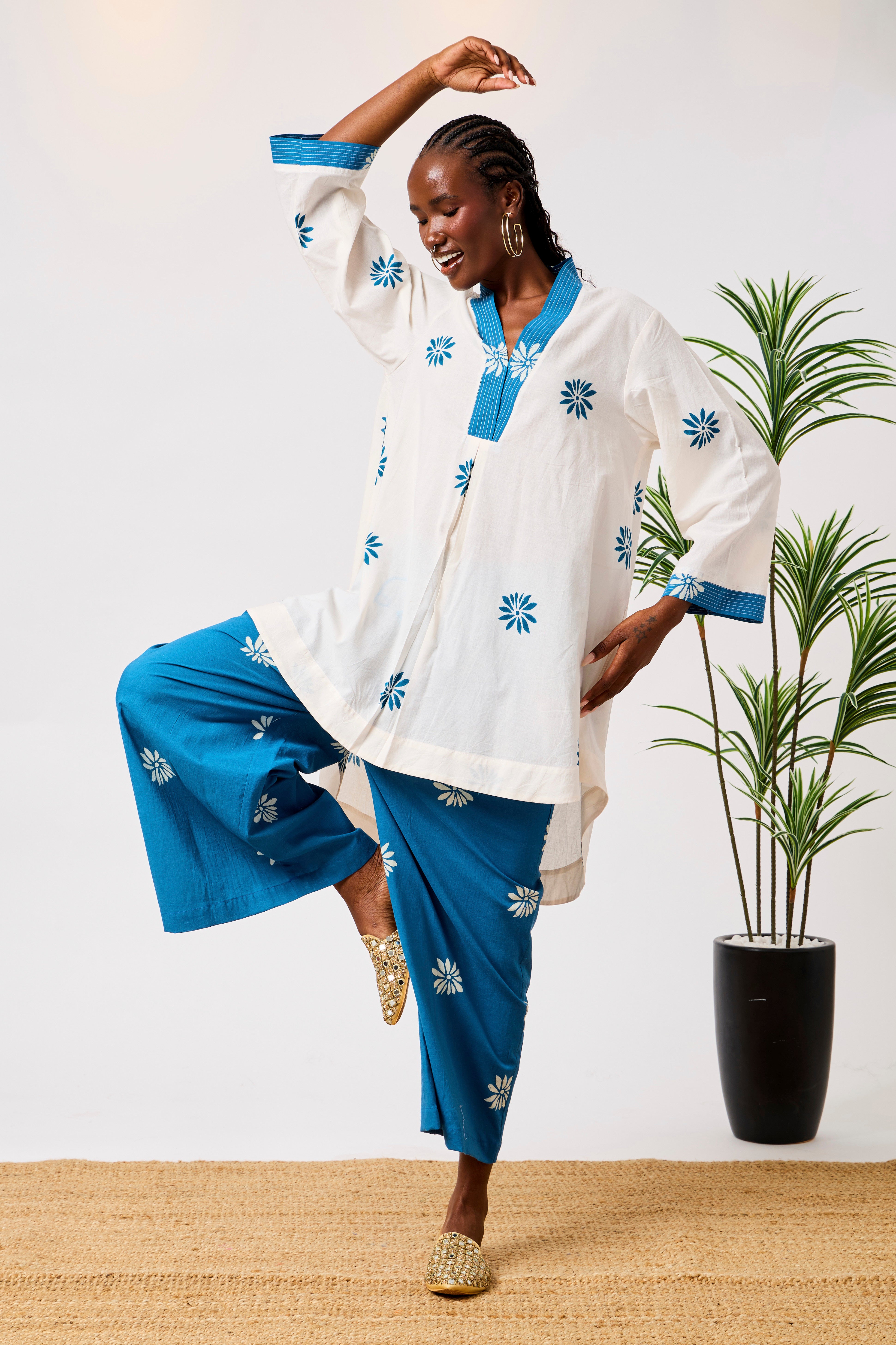 Pure Cotton White & Blue Floral Print Co-ord Set for Women | Najwa
