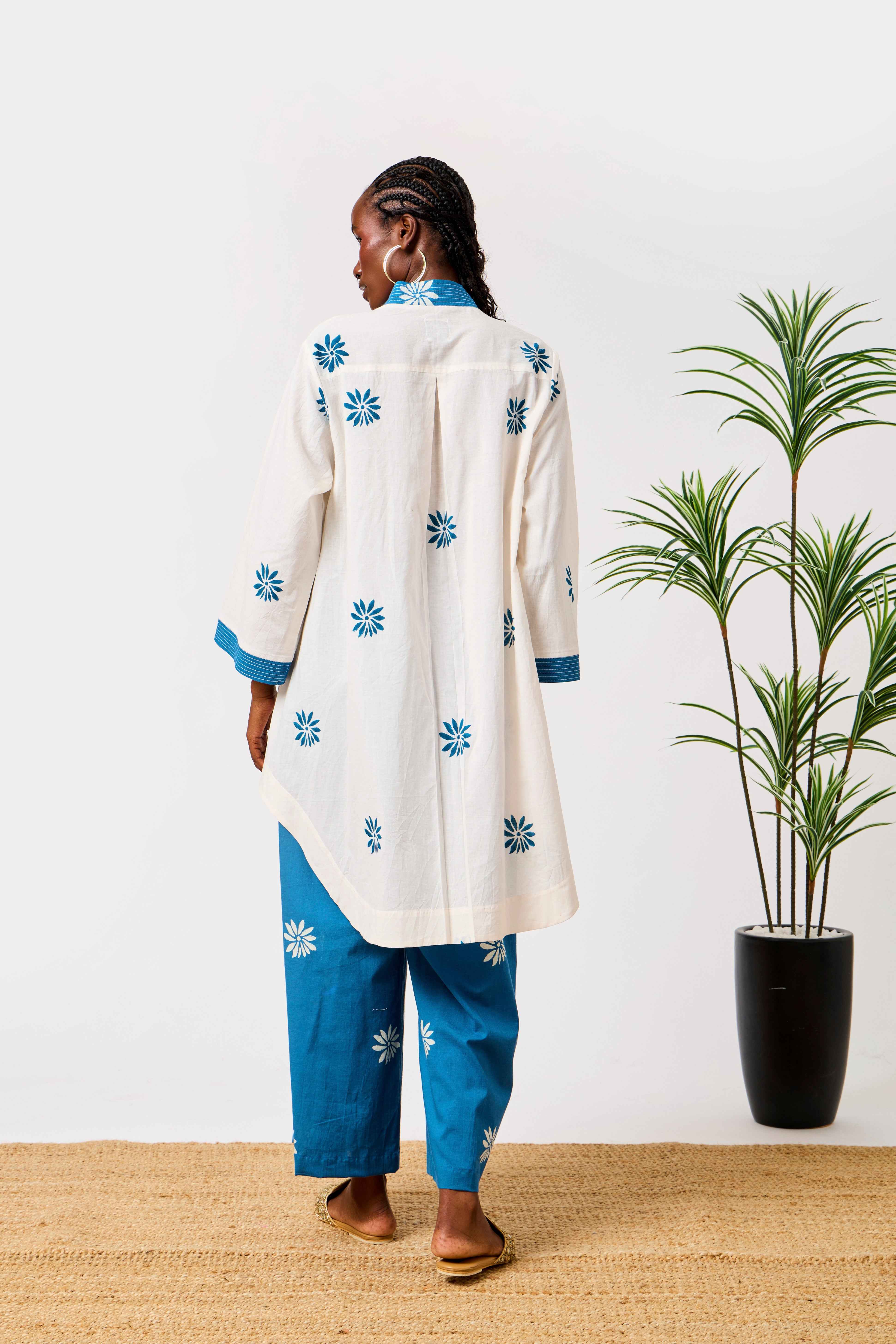Pure Cotton White & Blue Floral Print Co-ord Set for Women | Najwa