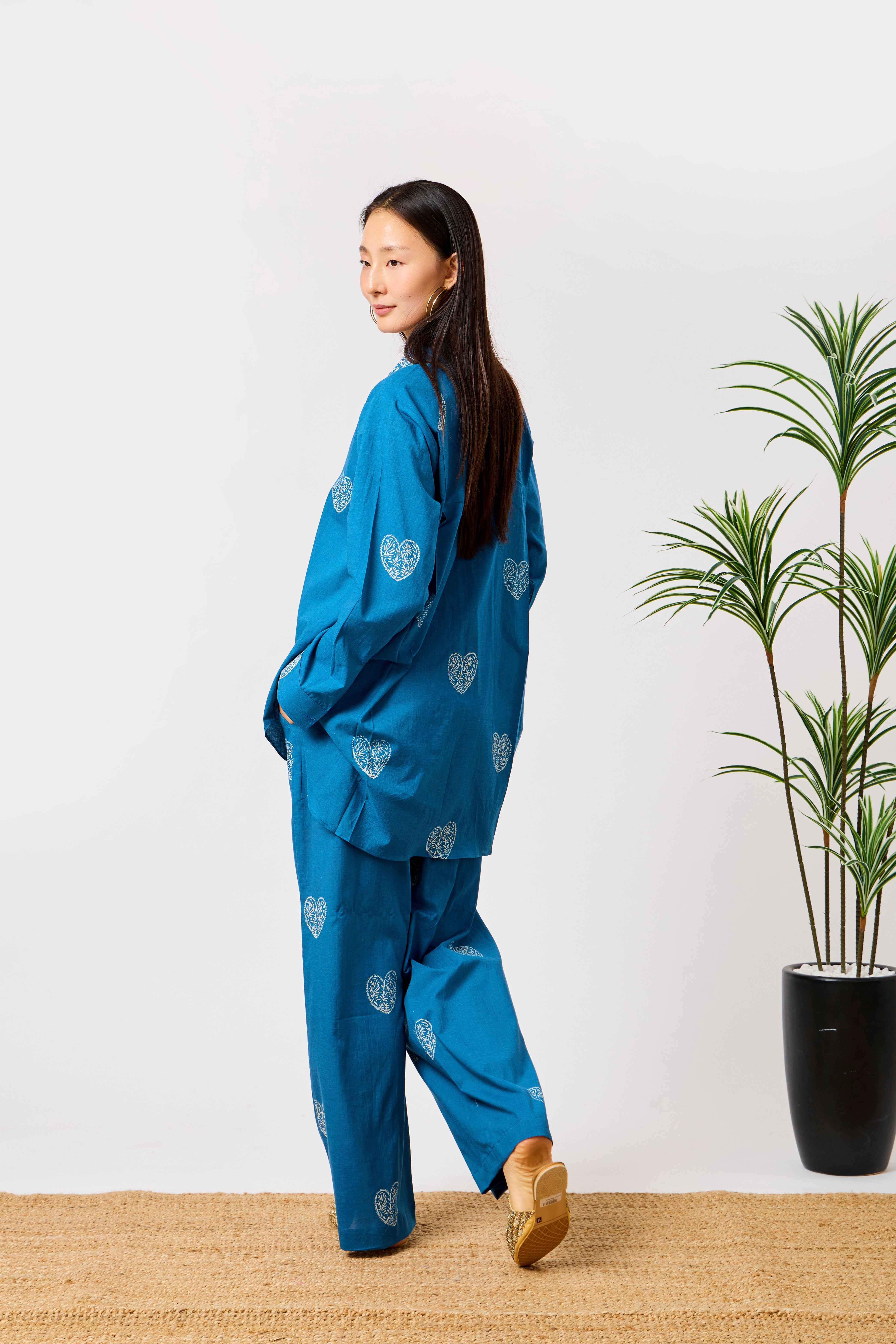 Pure Cotton Blue Heart Print Co-ord Set for Women | Safiyya