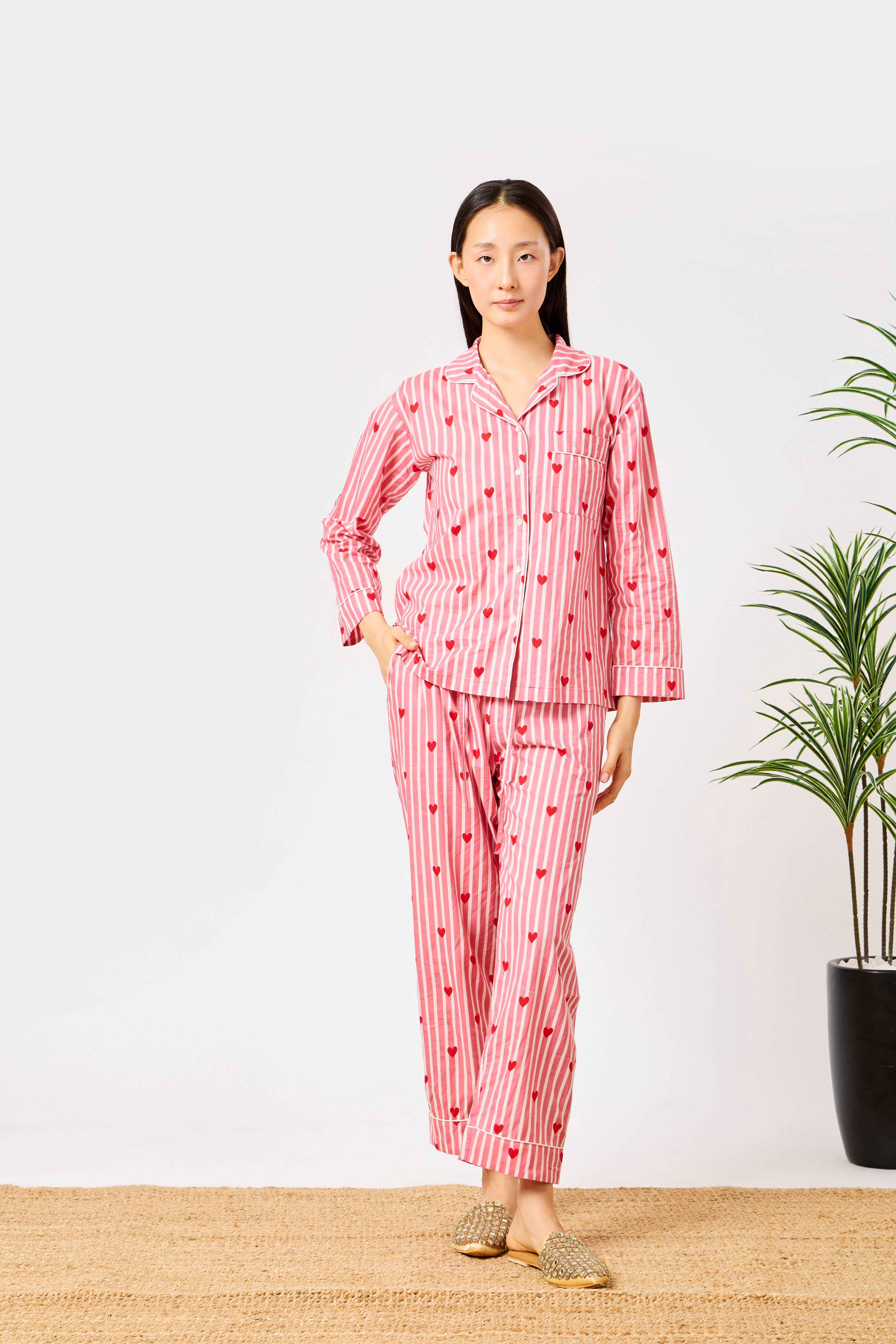 Pink Cotton Heart Print Striped Night Suit Set for Women | Raneem