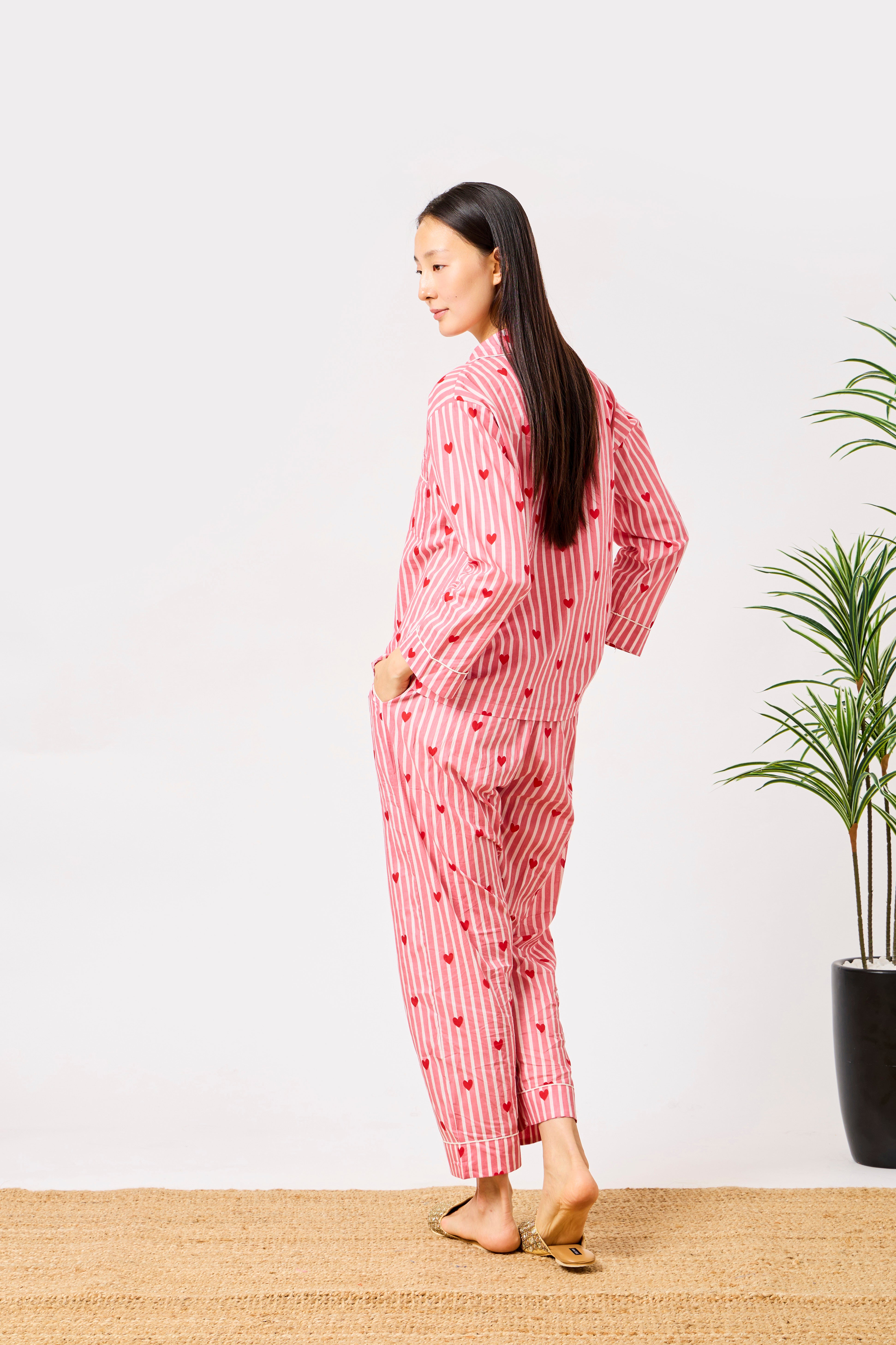 Pink Cotton Heart Print Striped Night Suit Set for Women | Raneem