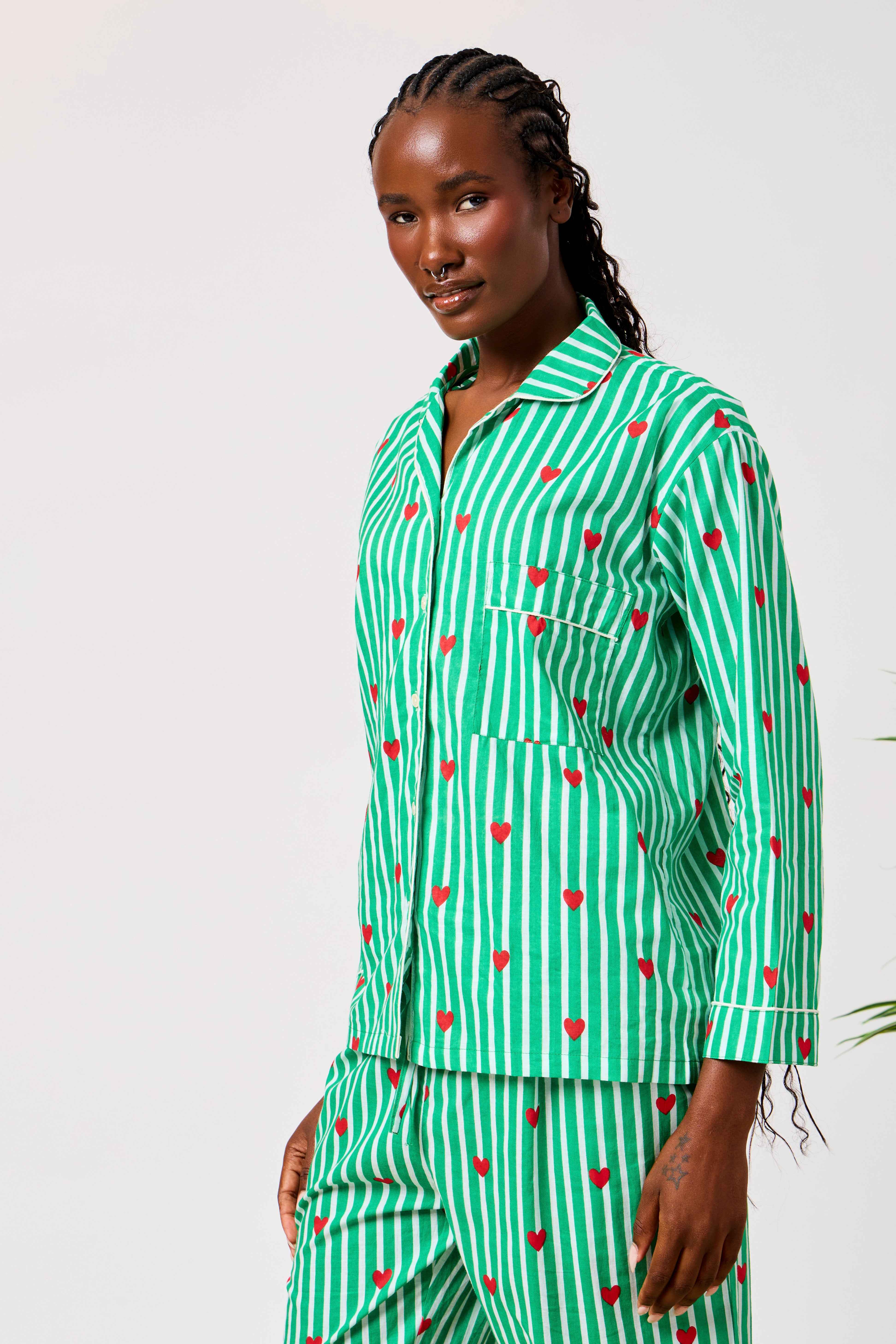 Green Cotton Heart Print Striped Night Suit Set for Women | Widad