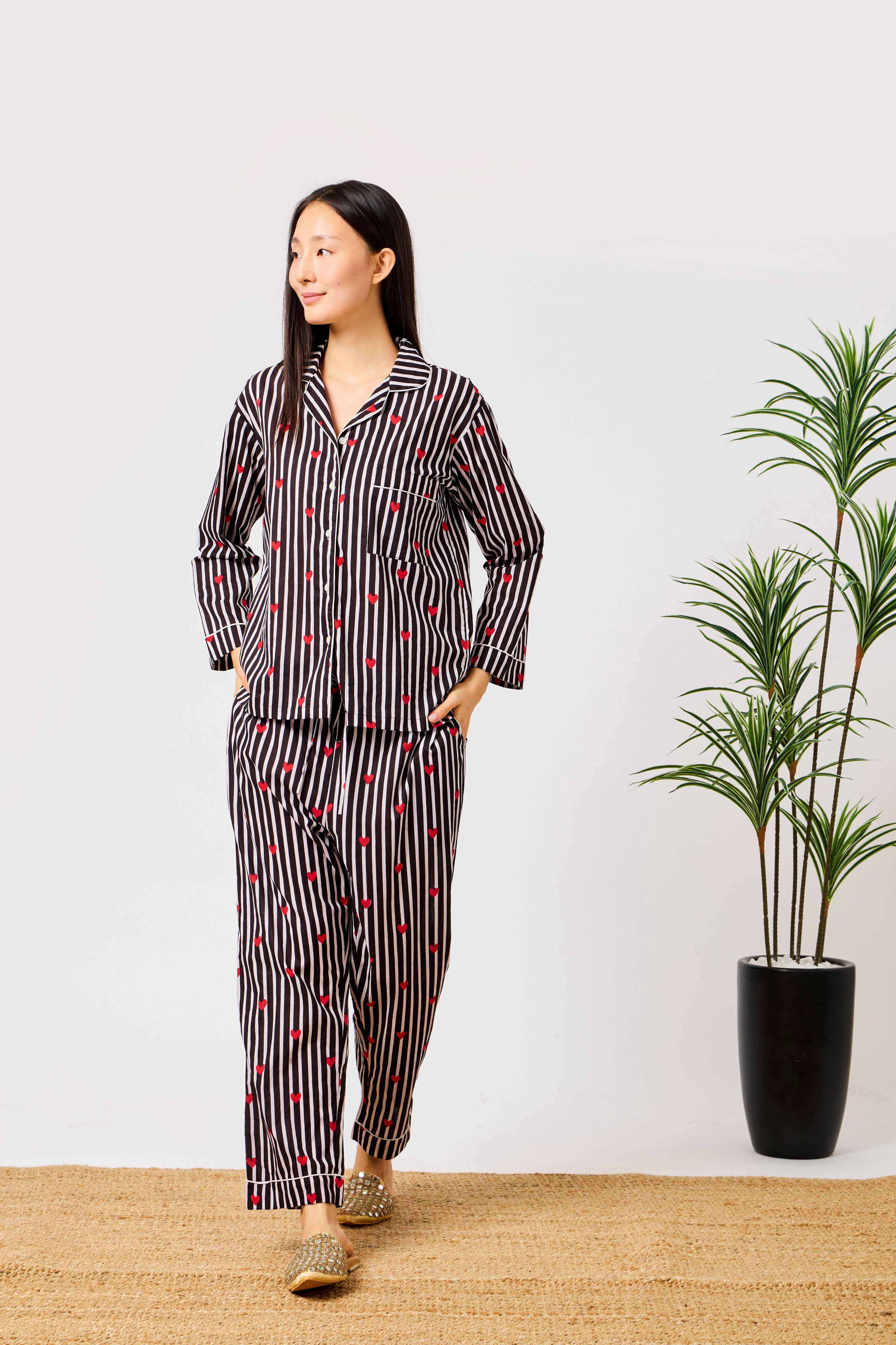 Black Cotton Heart Print Striped Night Suit Set for Women | Lulwa