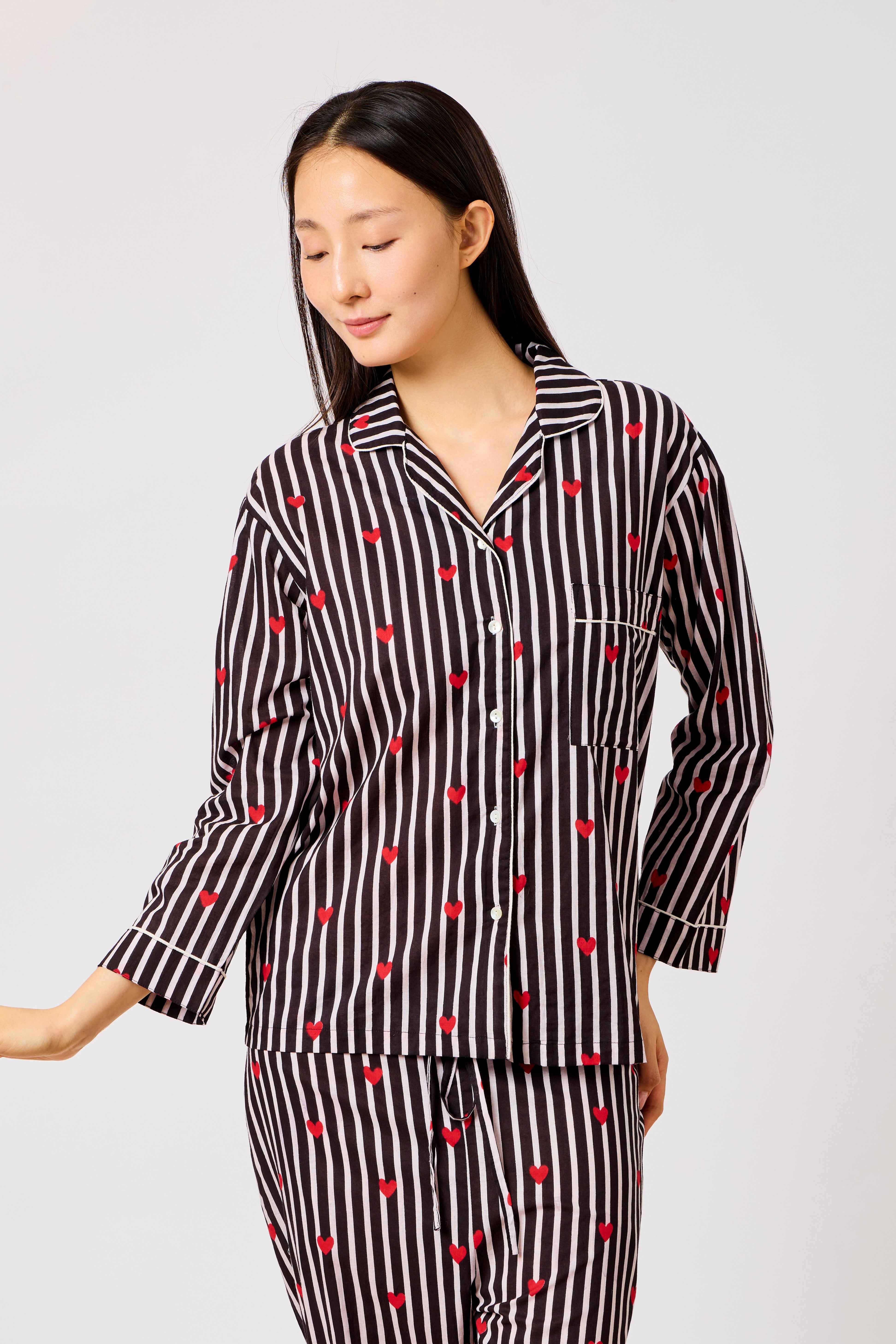 Black Cotton Heart Print Striped Night Suit Set for Women | Lulwa
