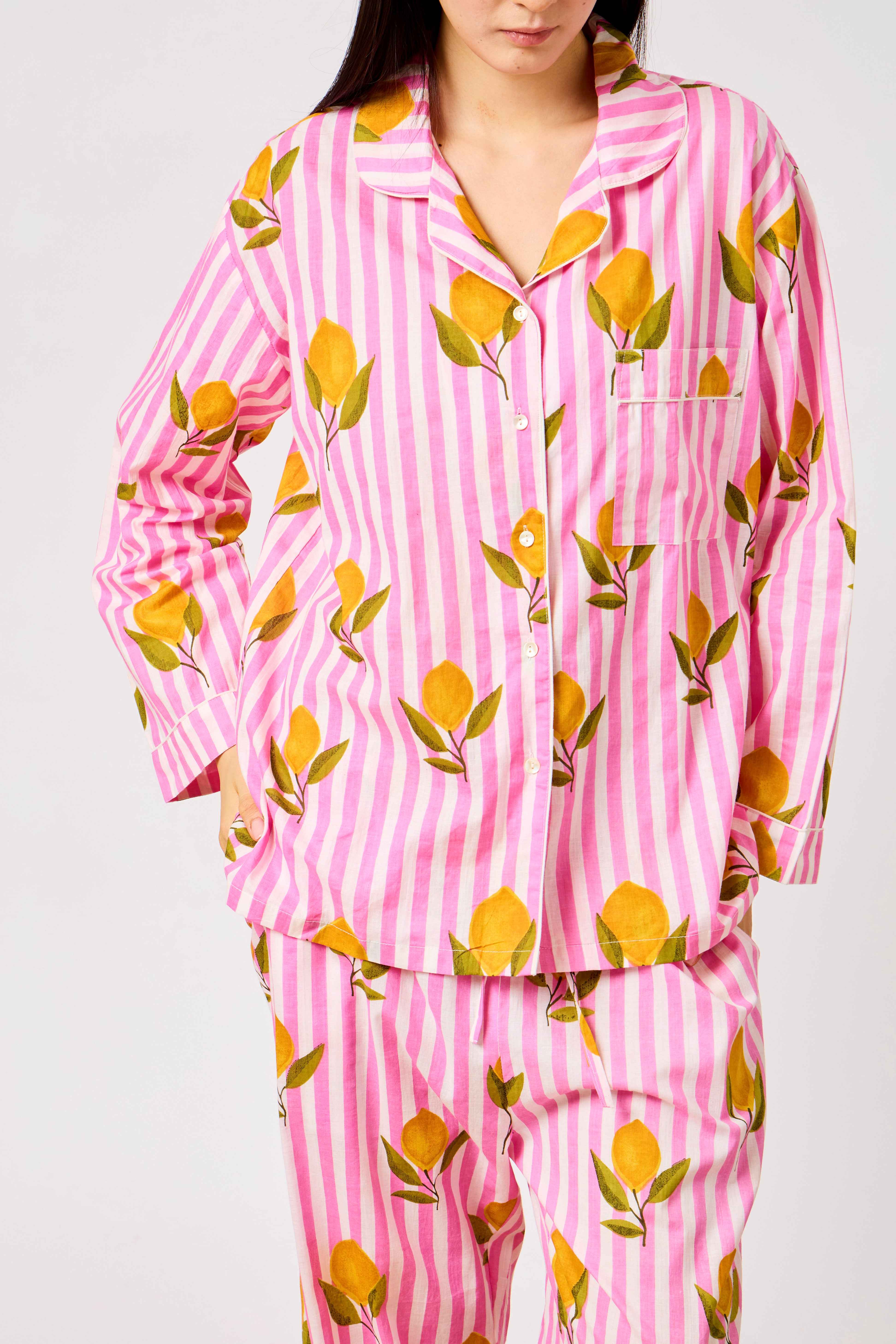 Pink Cotton Lemon Print Striped Night Suit Set for Women | Limona