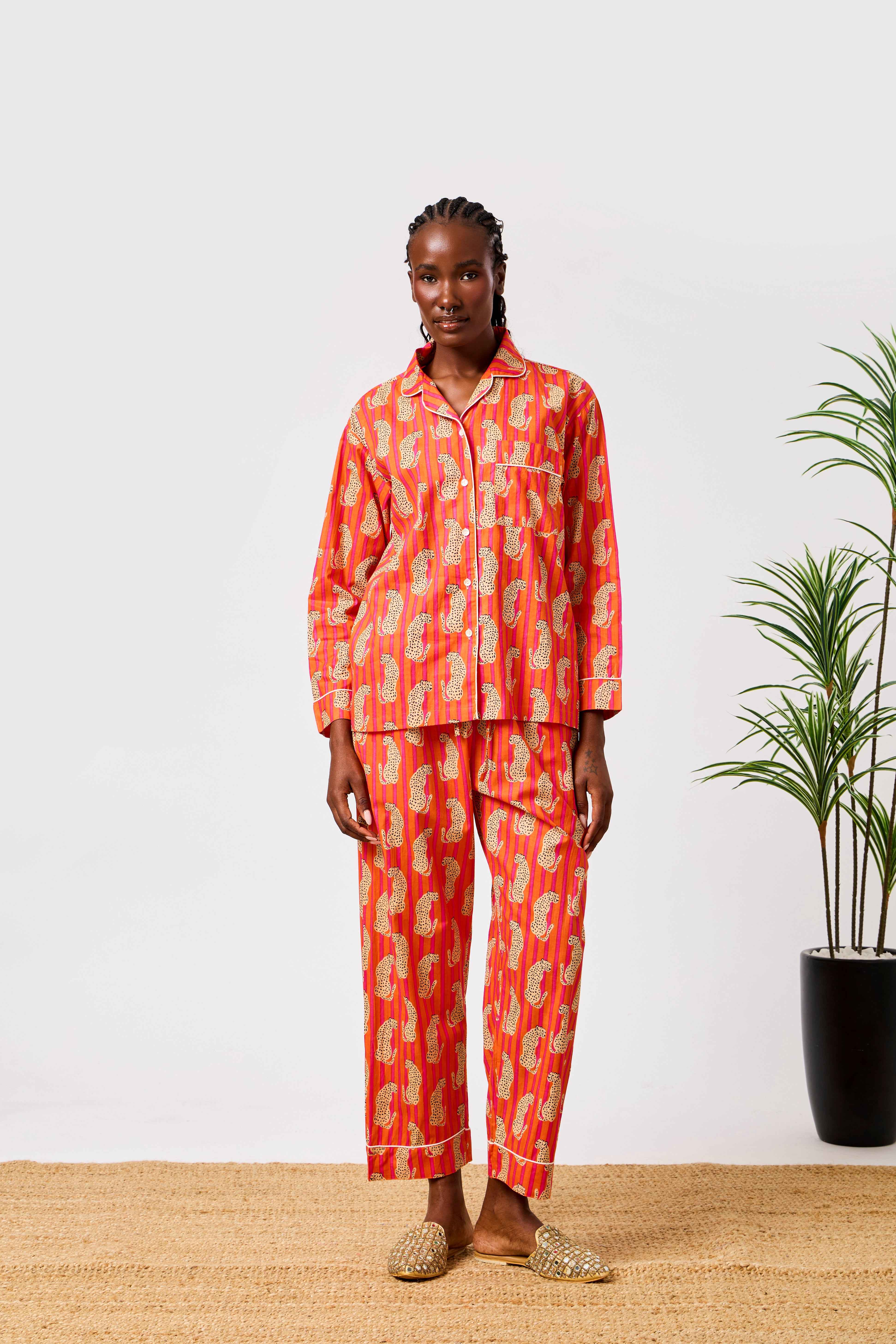 Orange Cotton Animal Print Night Suit Set with Long Sleeve Button-Down Top & Straight-Fit Trousers | Savara