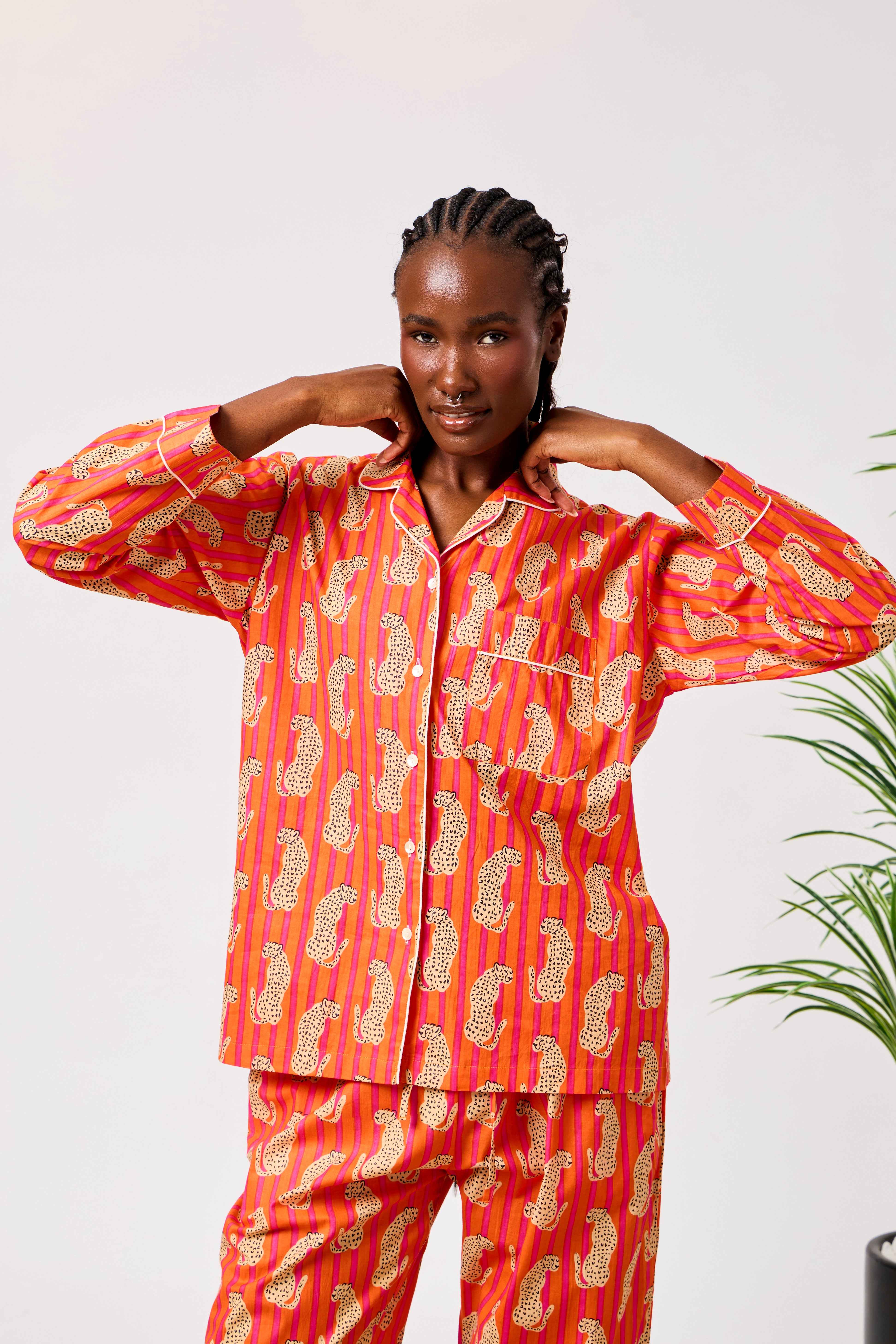 Orange Cotton Animal Print Night Suit Set with Long Sleeve Button-Down Top & Straight-Fit Trousers | Savara