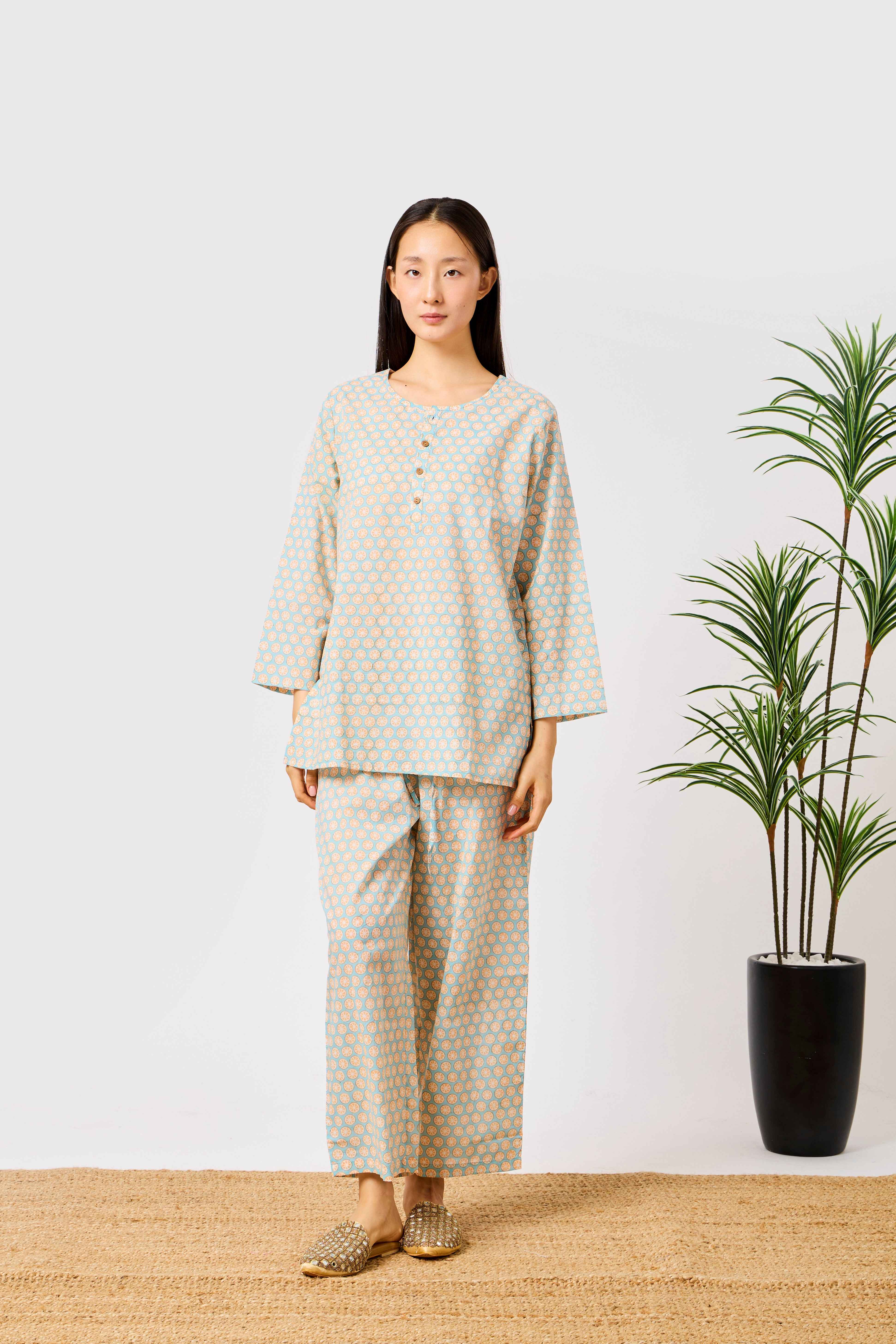 Cotton Printed Night Suit Set with Long Sleeve Button-Detail Top & Straight-Fit Trousers | Serena
