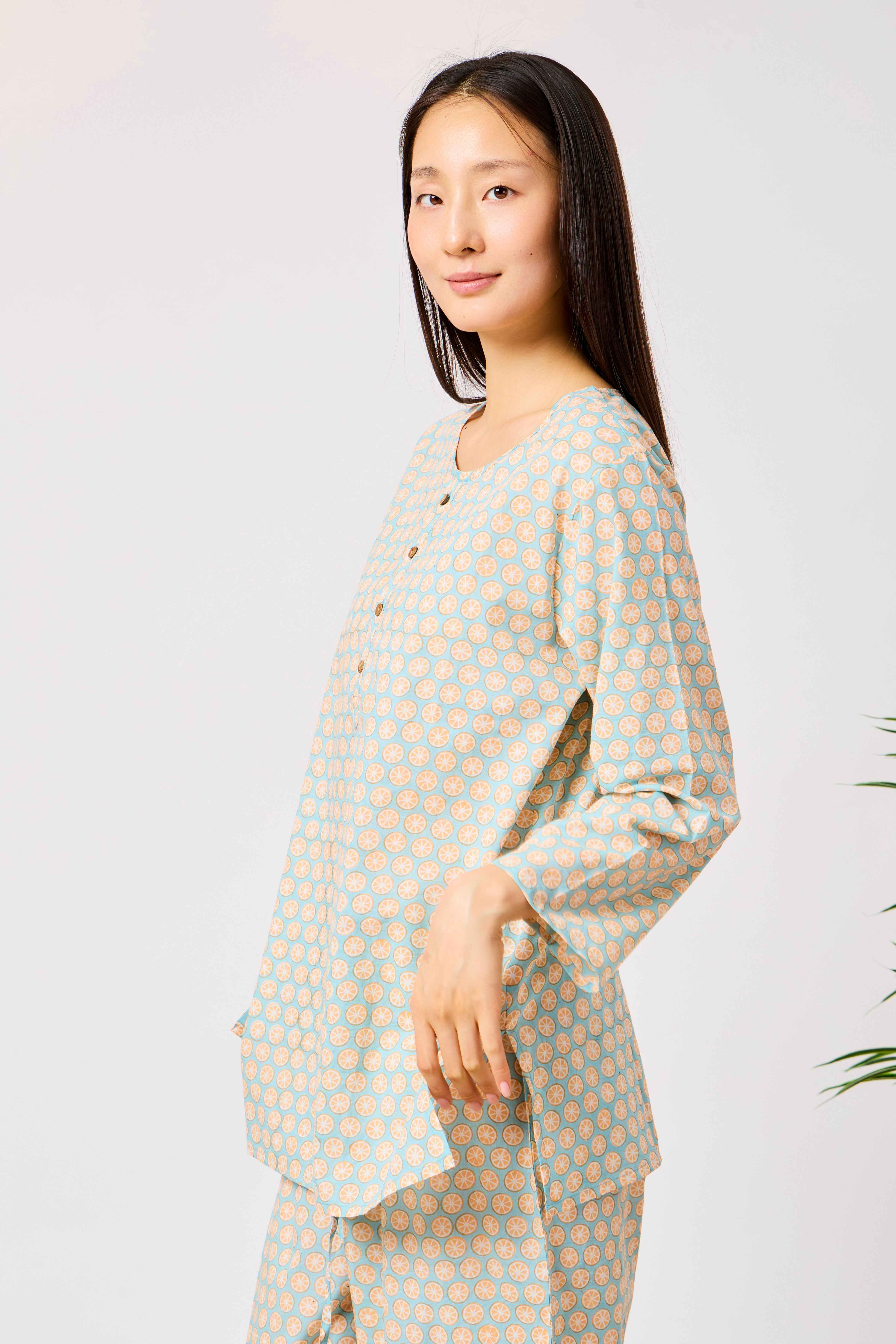 Cotton Printed Night Suit Set with Long Sleeve Button-Detail Top & Straight-Fit Trousers | Serena