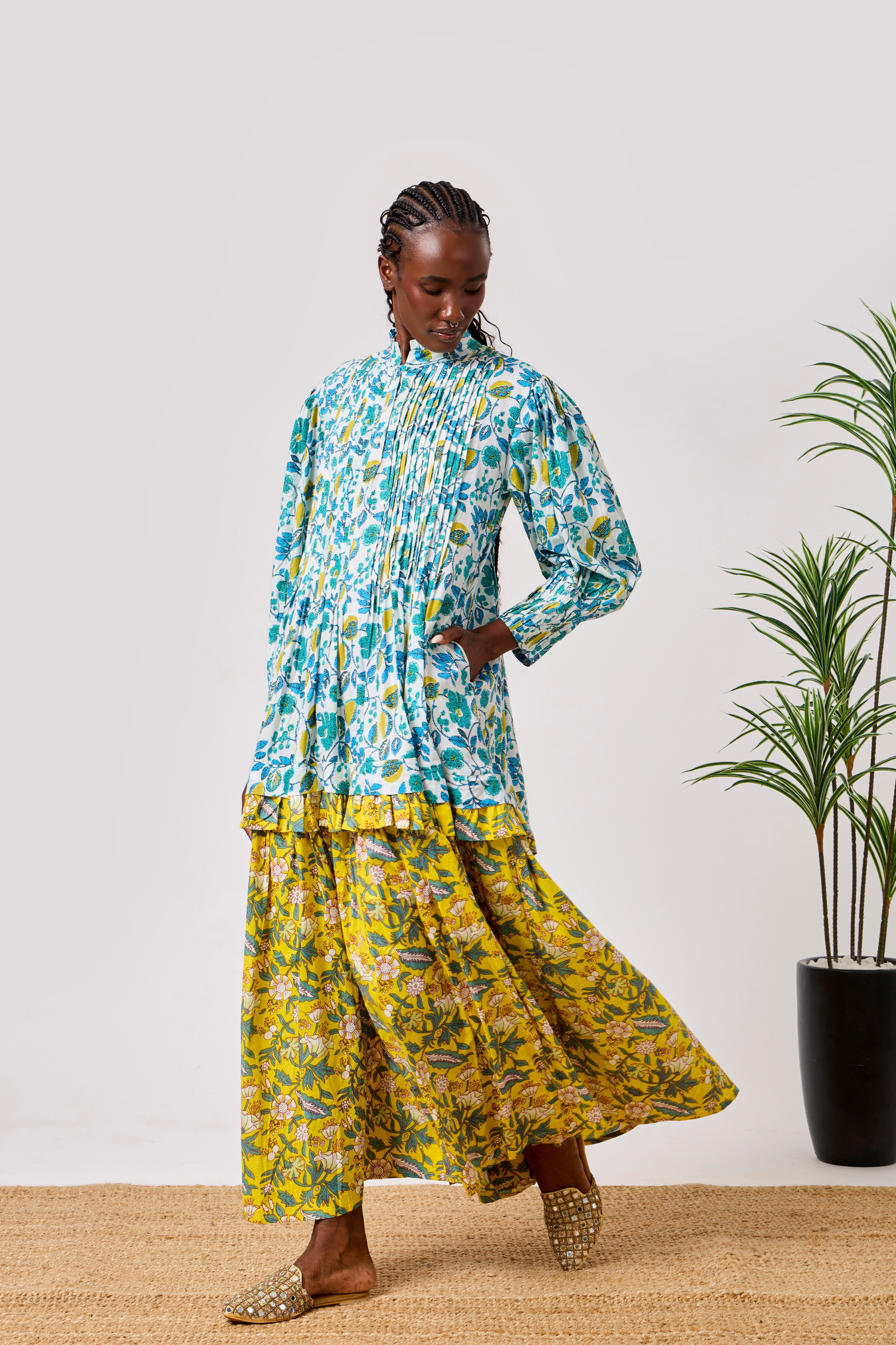 Blue & Yellow Cotton Summer Flared Maxi Dress with Floral Block Print, Pintuck Bodice & Tiered Skirt | Zahra