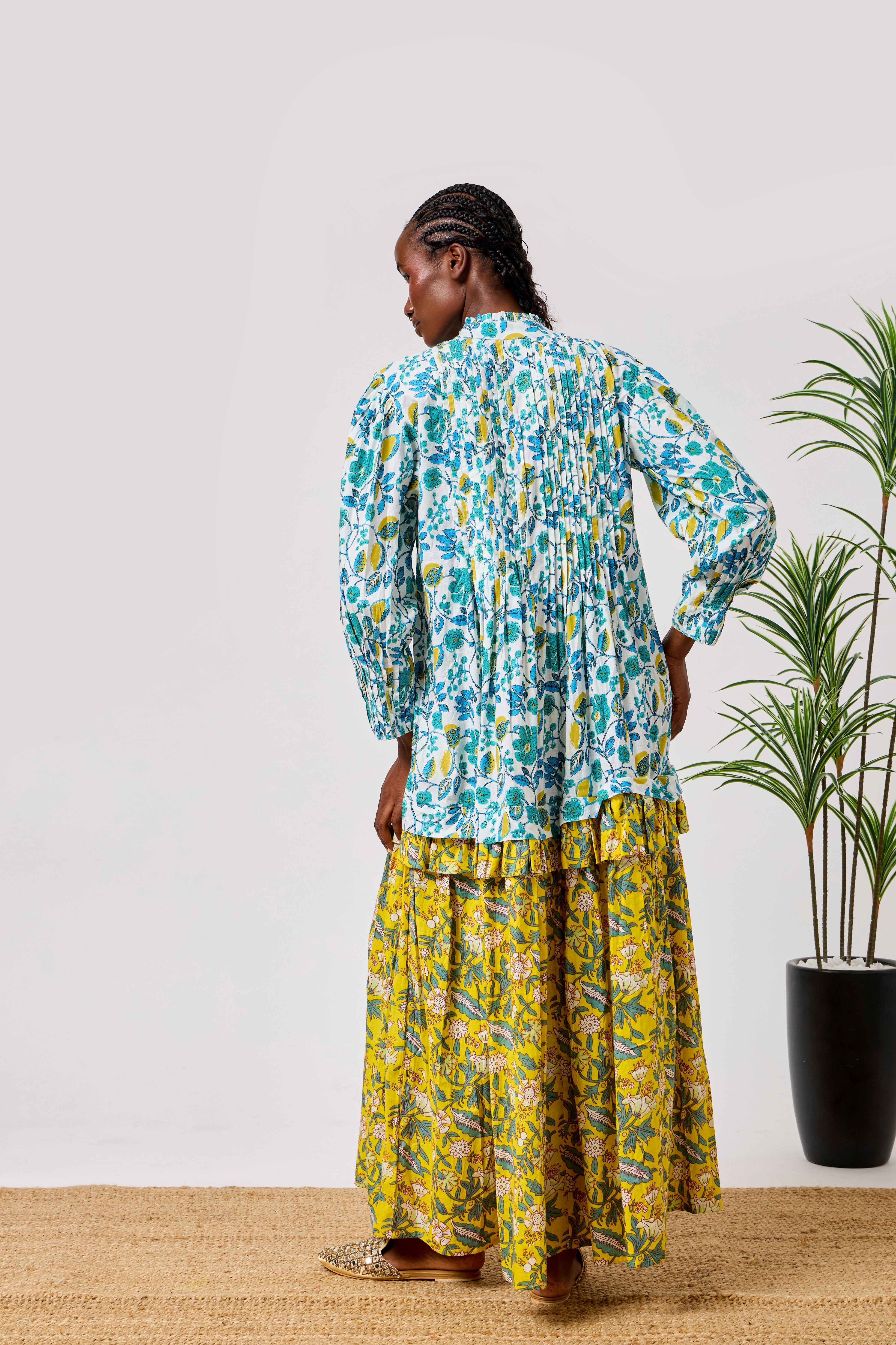 Blue & Yellow Cotton Summer Flared Maxi Dress with Floral Block Print, Pintuck Bodice & Tiered Skirt | Zahra