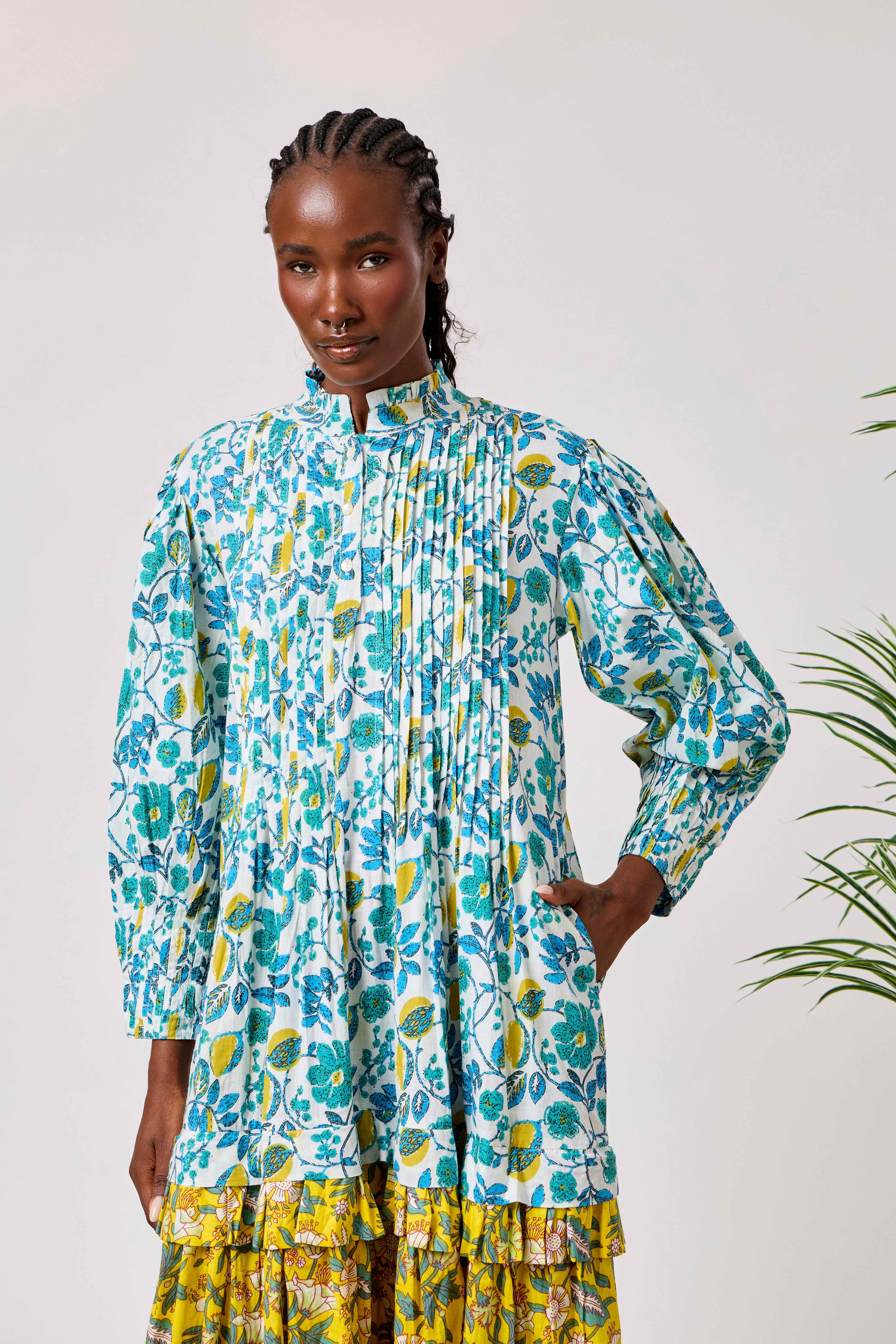 Blue & Yellow Cotton Summer Flared Maxi Dress with Floral Block Print, Pintuck Bodice & Tiered Skirt | Zahra