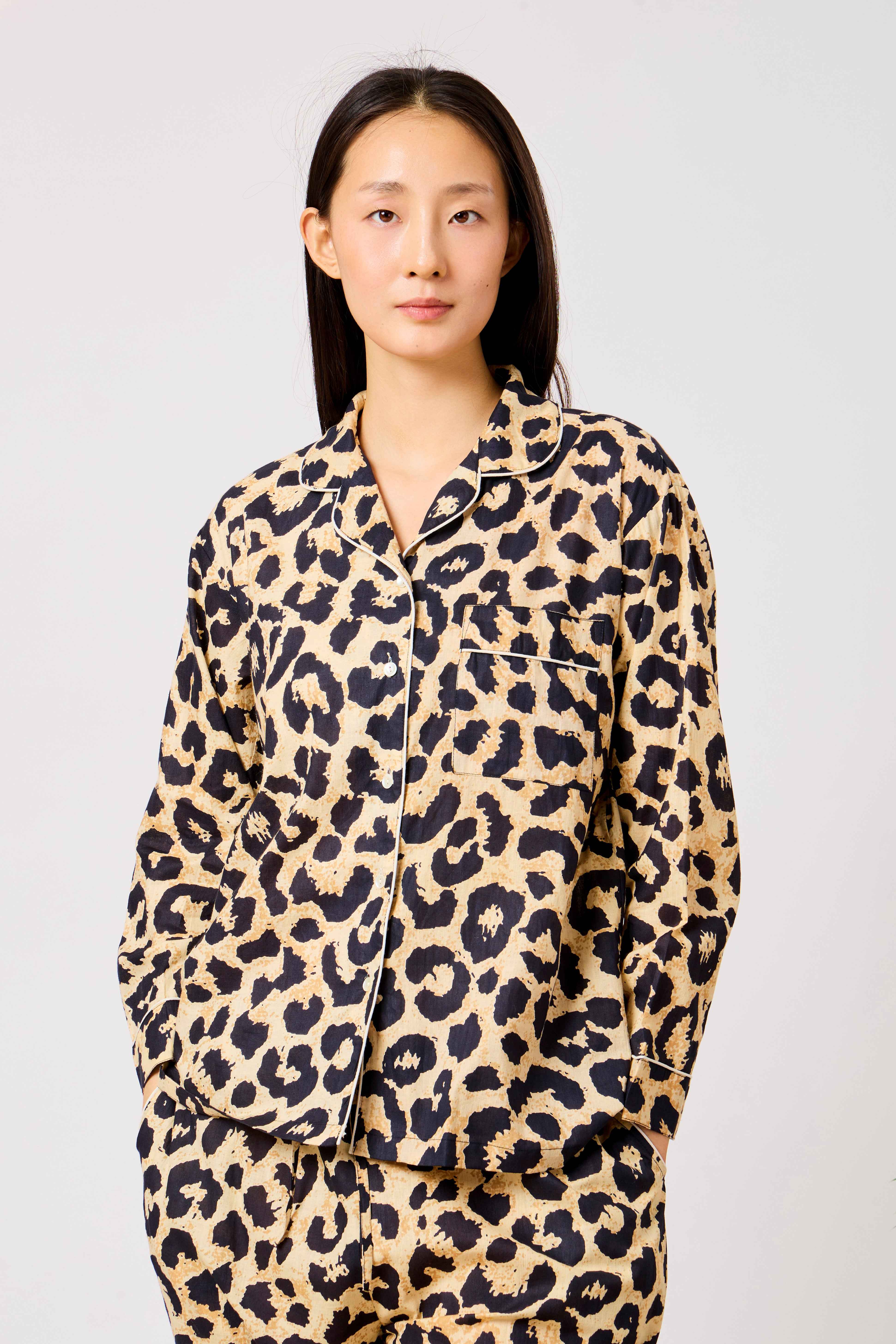 Beige Cotton Leopard Print Night Suit Set with Long Sleeve Button-Down Top & Straight-Fit Trousers | Zafira