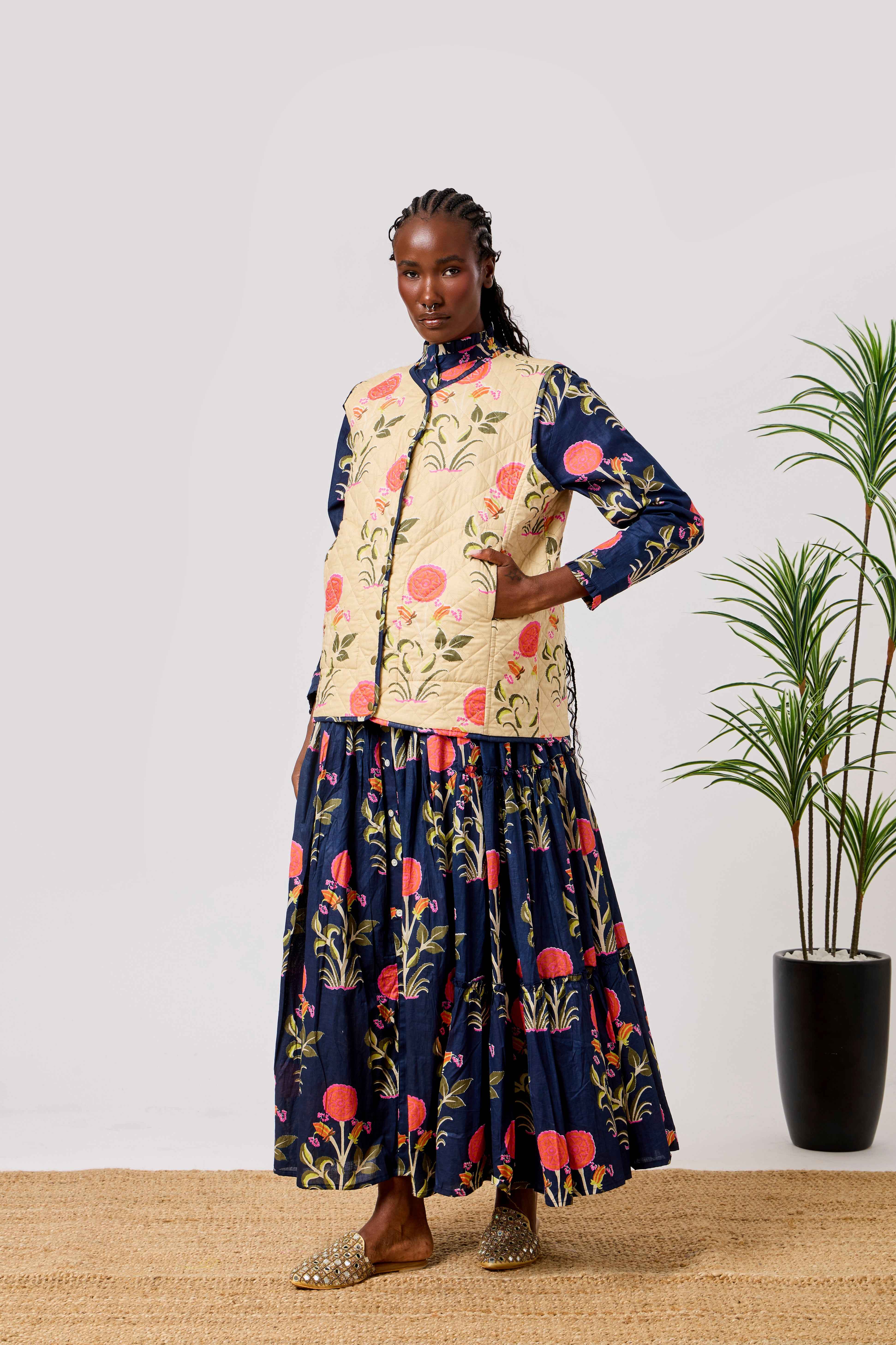 Navy Cotton Summer Flared Maxi Dress with Floral Block Print & Reversible Quilted Cotton Vest | Yasmina