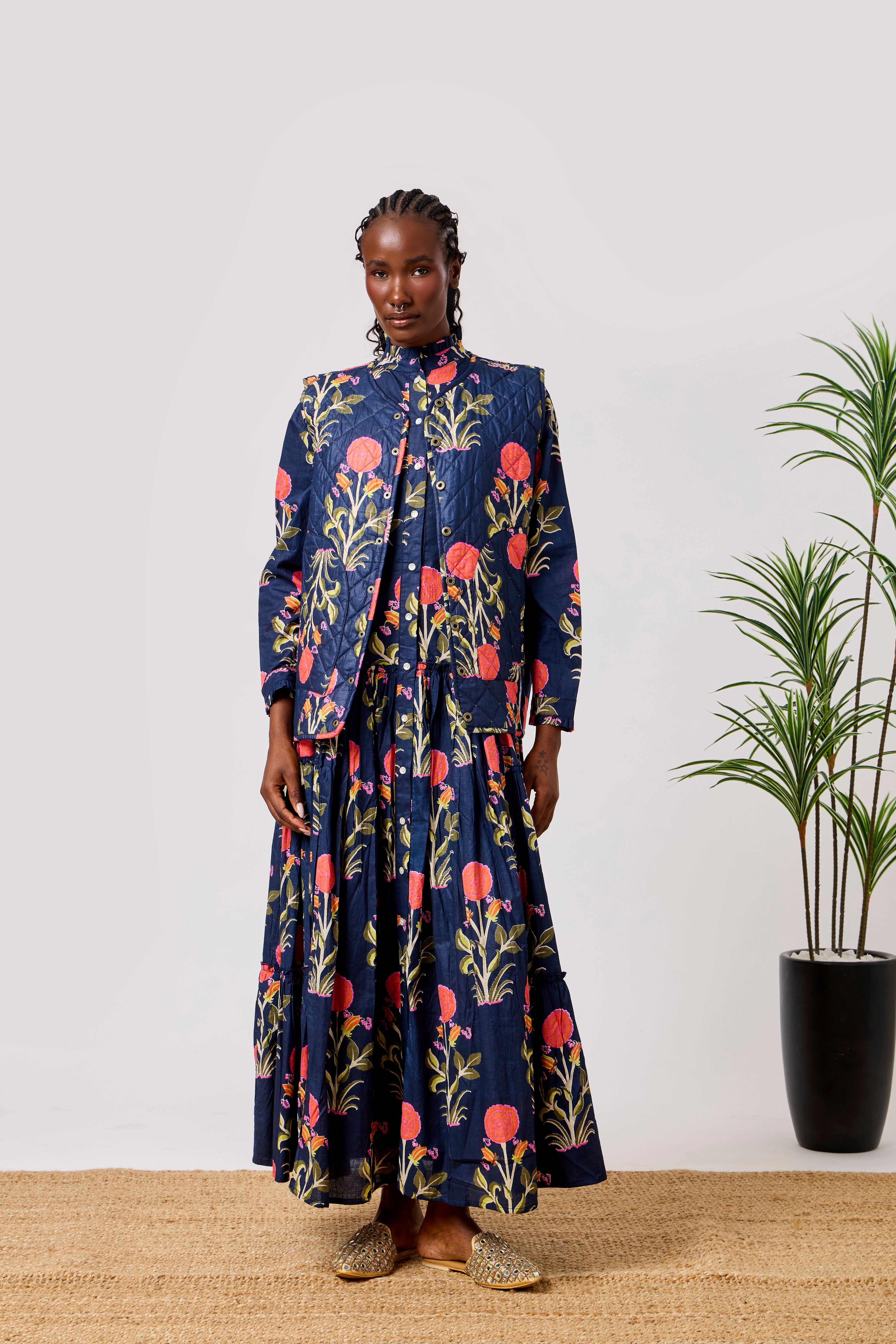 Navy Cotton Summer Flared Maxi Dress with Floral Block Print & Reversible Quilted Cotton Vest | Yasmina