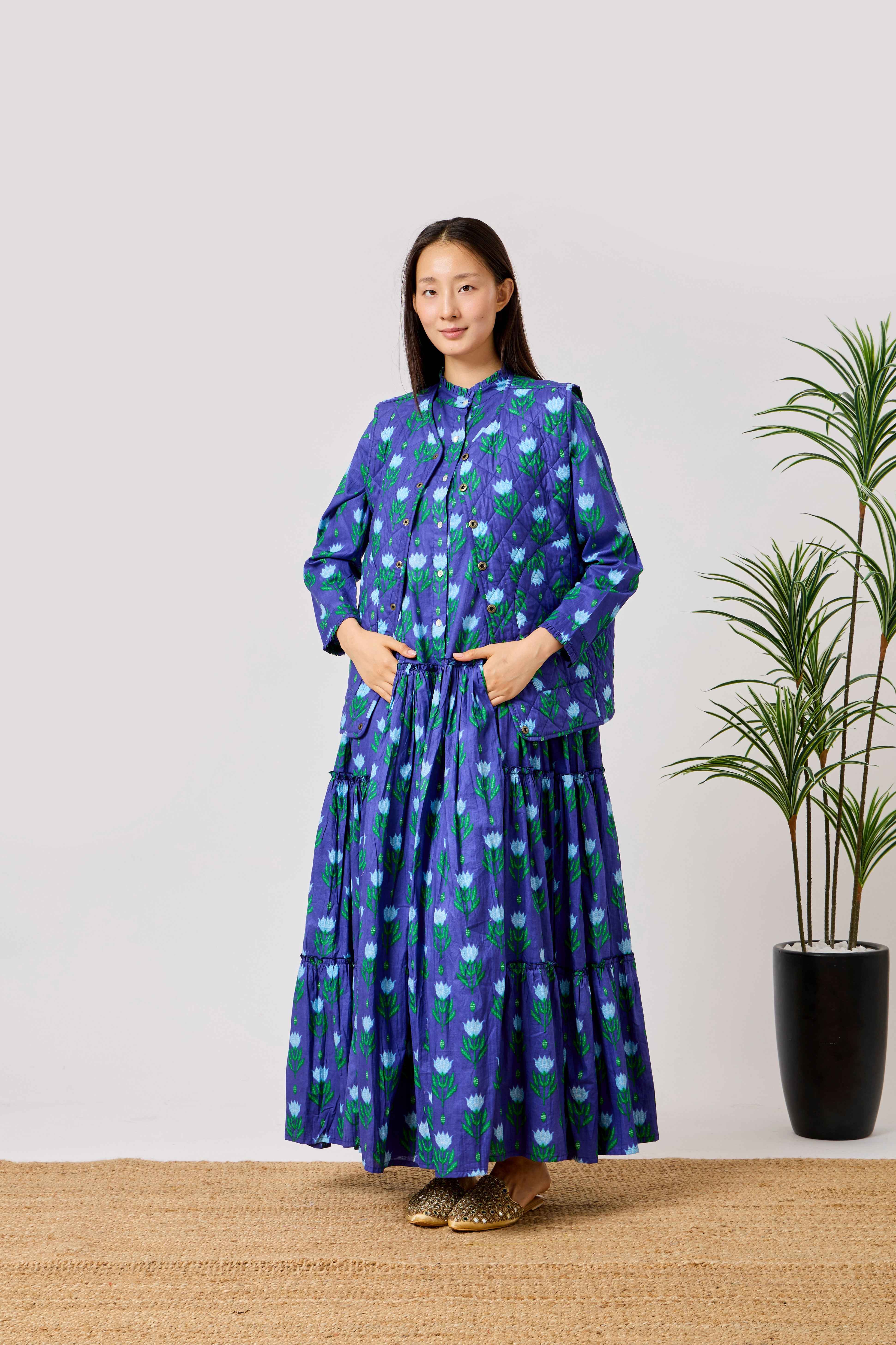 Blue Cotton Summer Flared Maxi Dress with Floral Block Print & Reversible Quilted Cotton Vest | Azraq