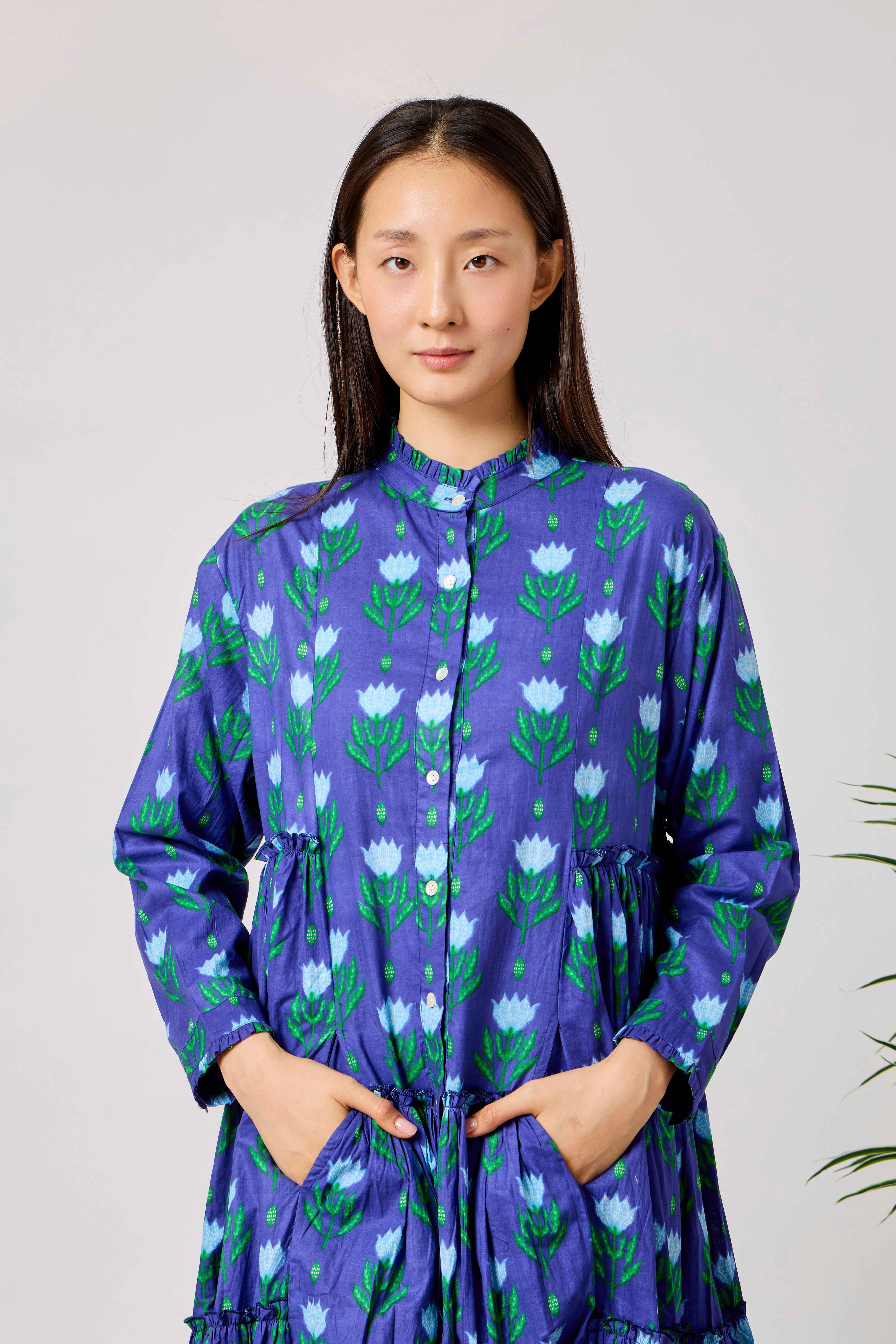 Blue Cotton Summer Flared Maxi Dress with Floral Block Print & Reversible Quilted Cotton Vest | Azraq