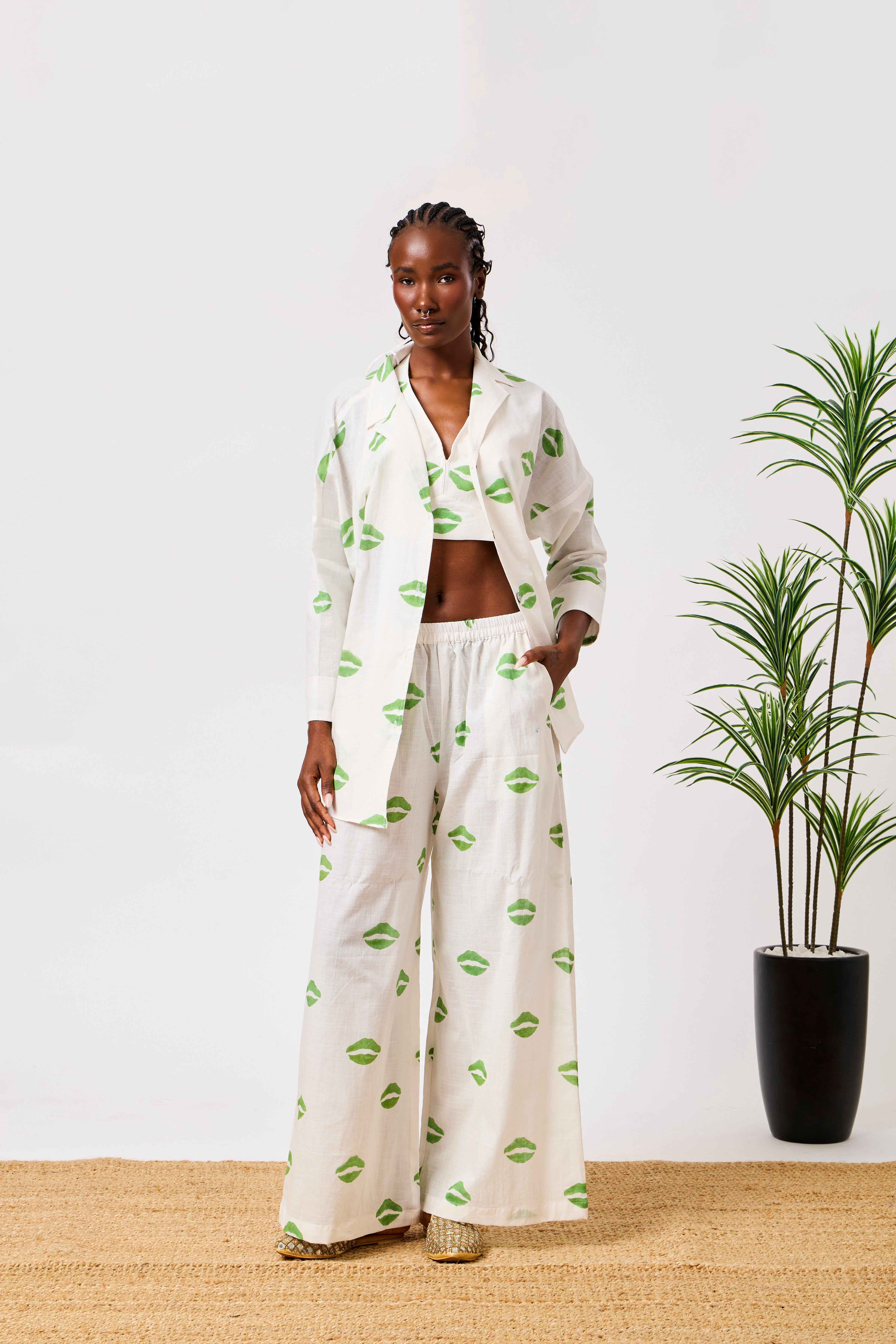 White & Green Cotton Kiss Printed Relaxed Shirt & Wide Leg Co-Ord Set | Liyana