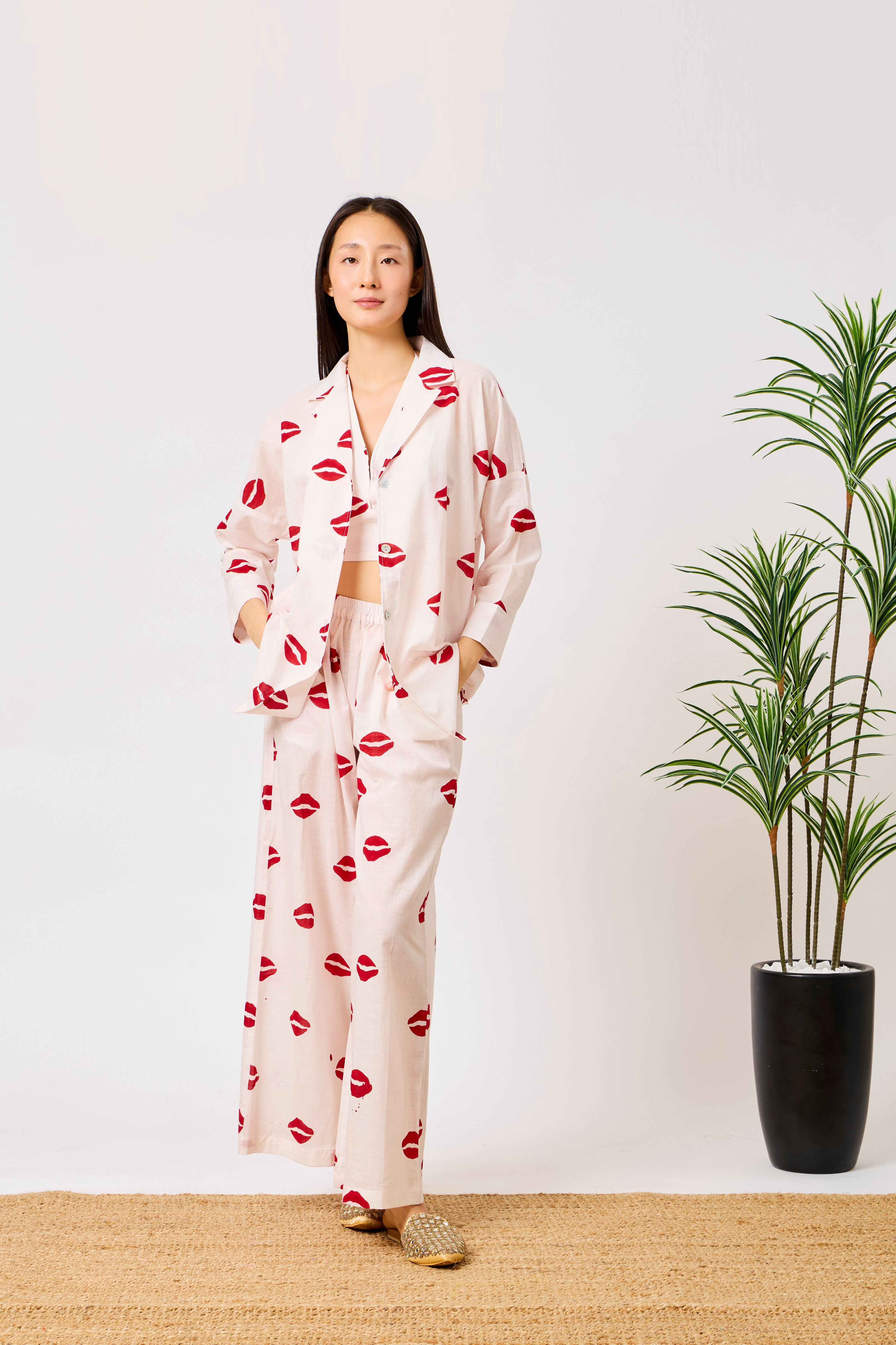White & Red Cotton Printed Relaxed Shirt & Wide Leg Co-Ord Set | Nawal