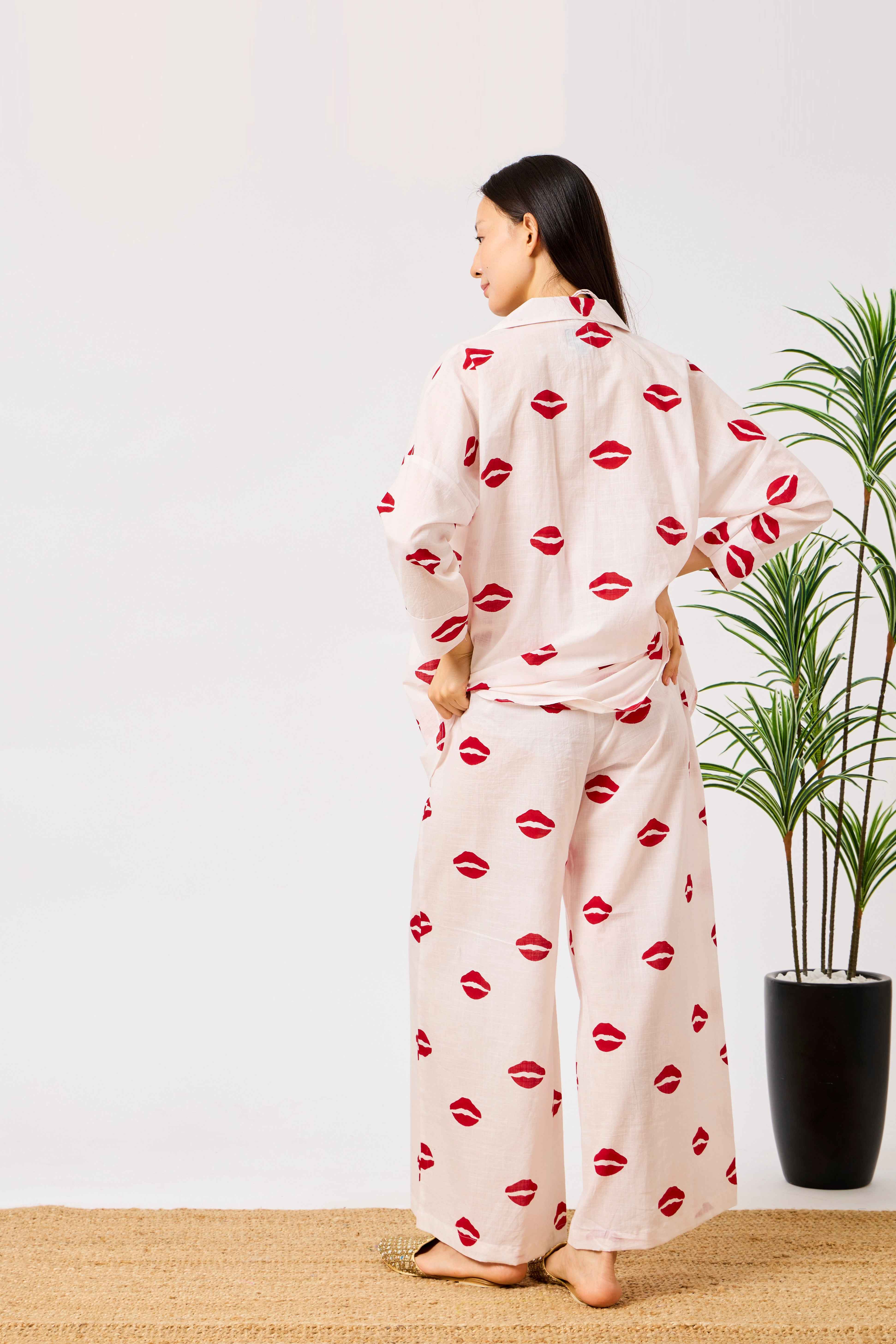 White & Red Cotton Printed Relaxed Shirt & Wide Leg Co-Ord Set | Nawal